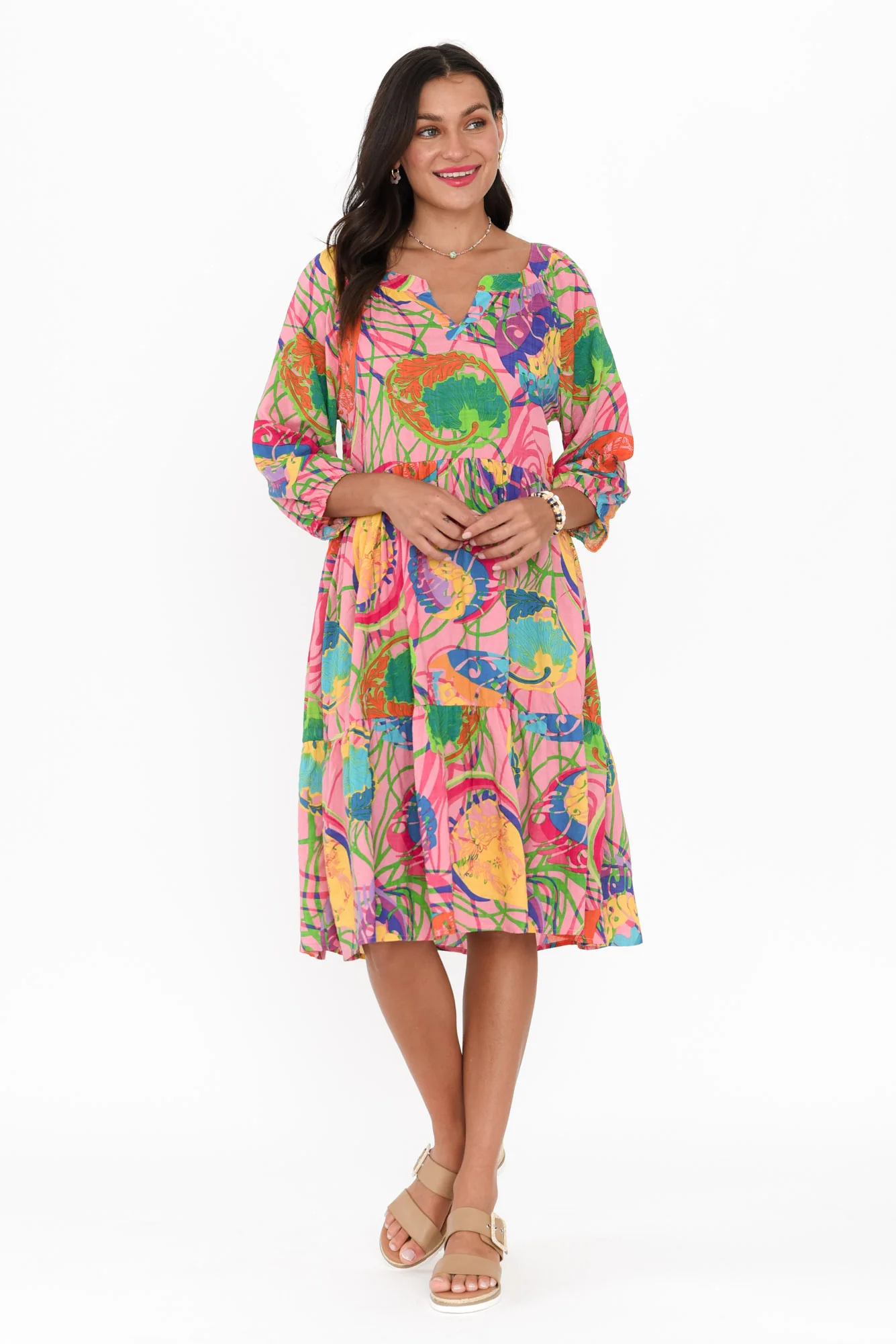 Irene Pink Tropical Cotton Blend Dress