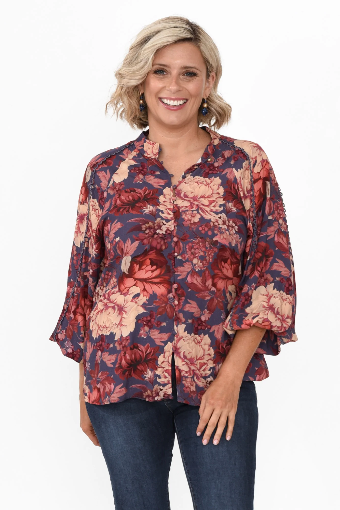Berry Kiss Red Floral Linen Blend Blouse