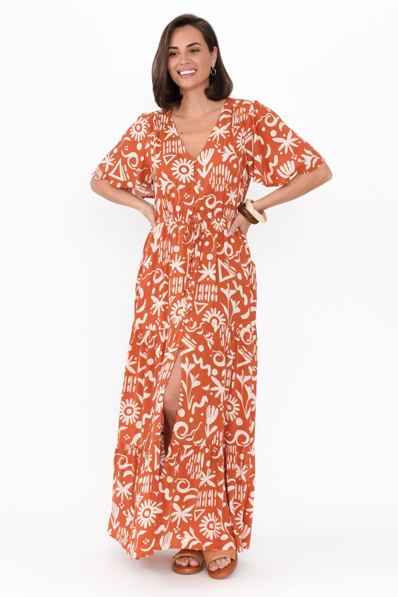 Barbara Rust Geo Flutter Sleeve Dress