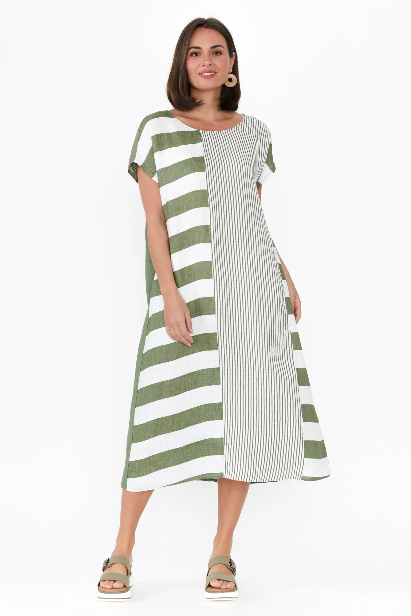 Nunez Khaki Stripe Linen Blend Dress