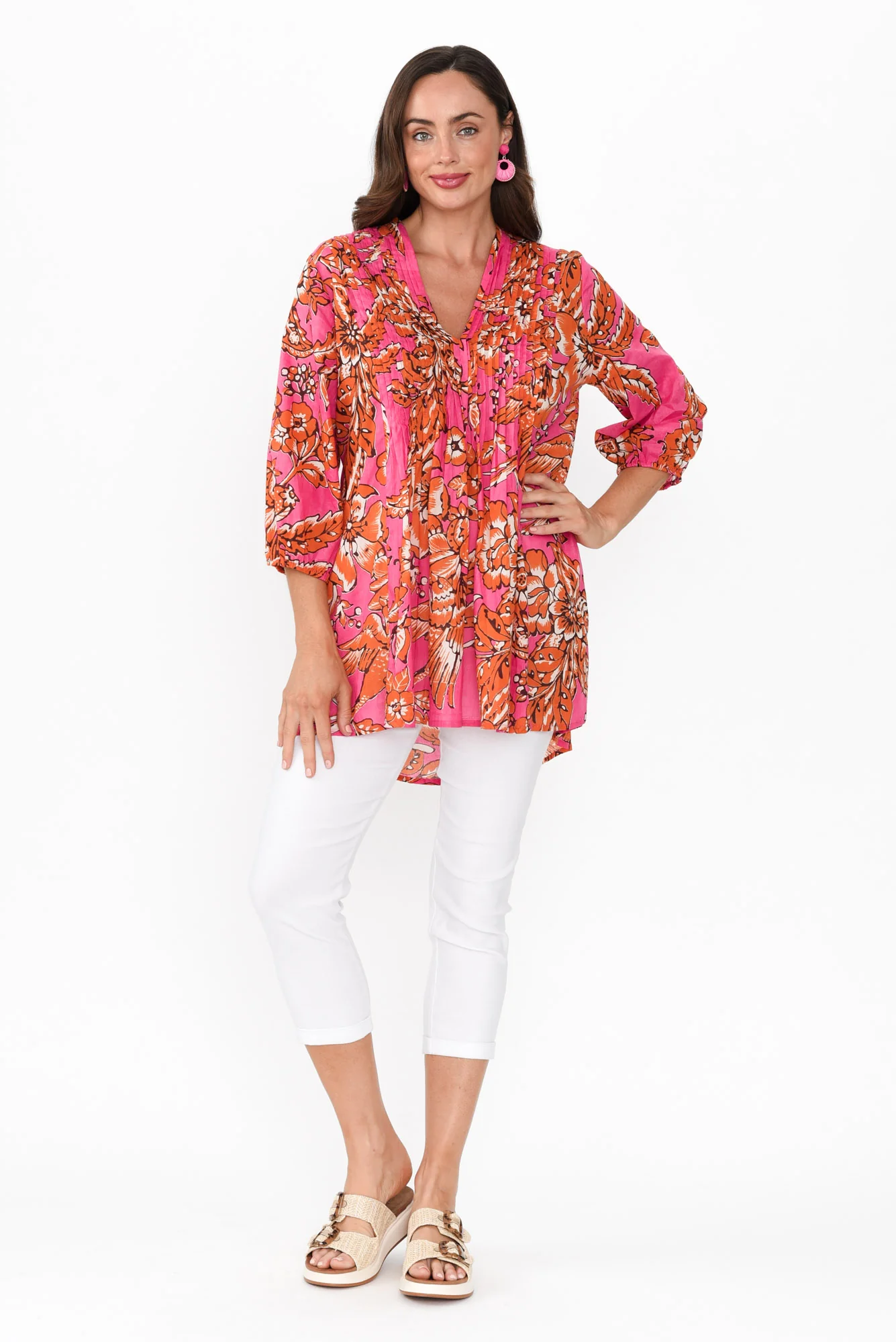Alexa Orange Garden Cotton V Neck Top
