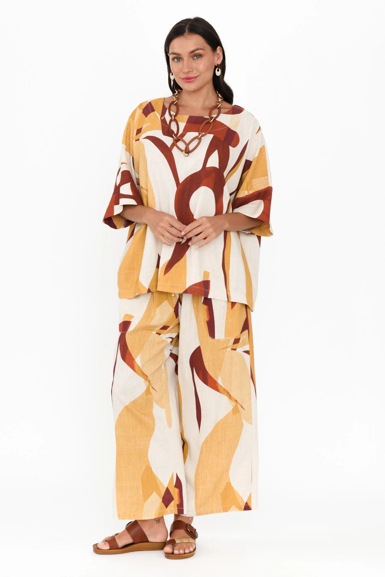 Minnelli Beige Abstract Linen Cotton Pants