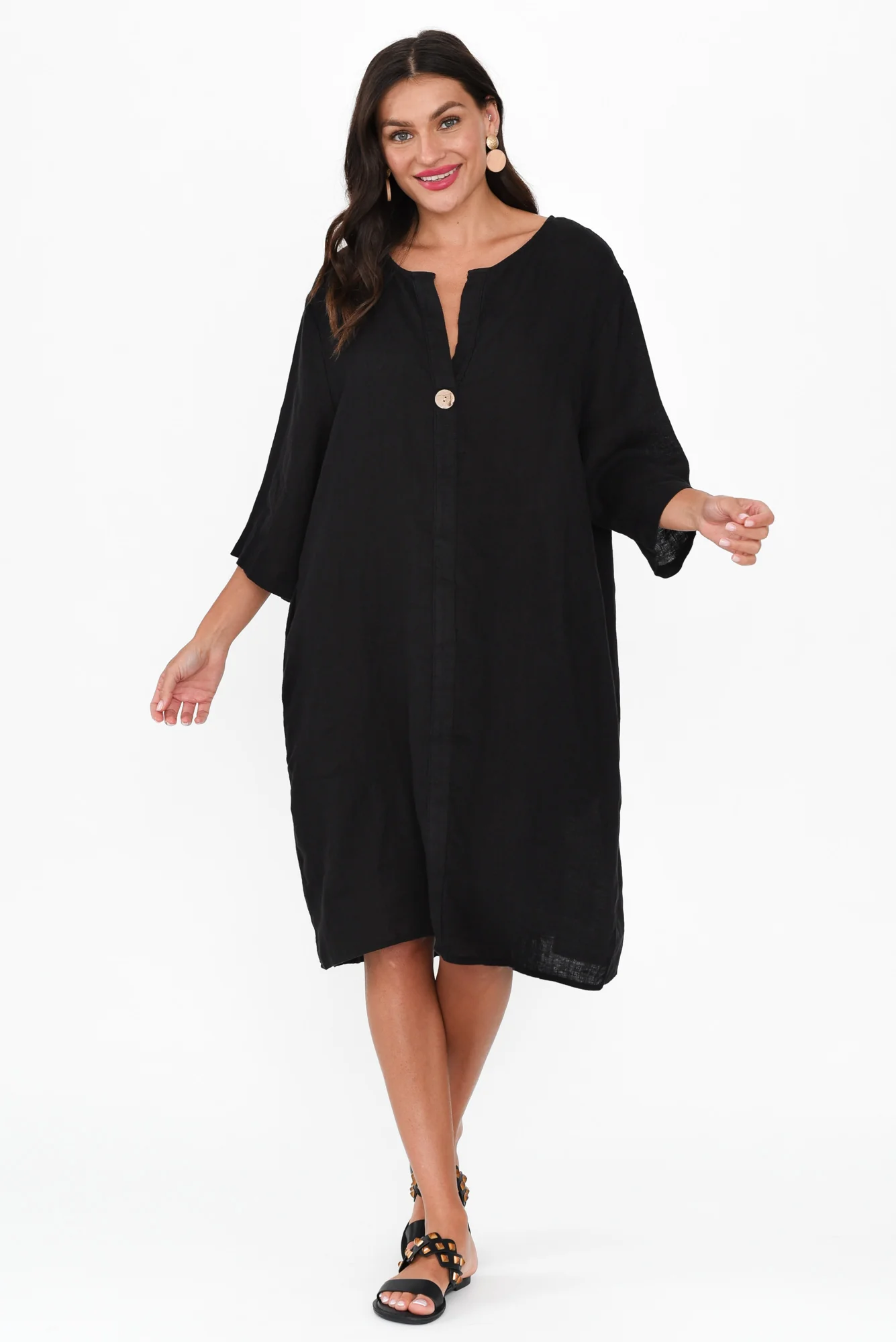 Sian Black Linen V Neck Dress