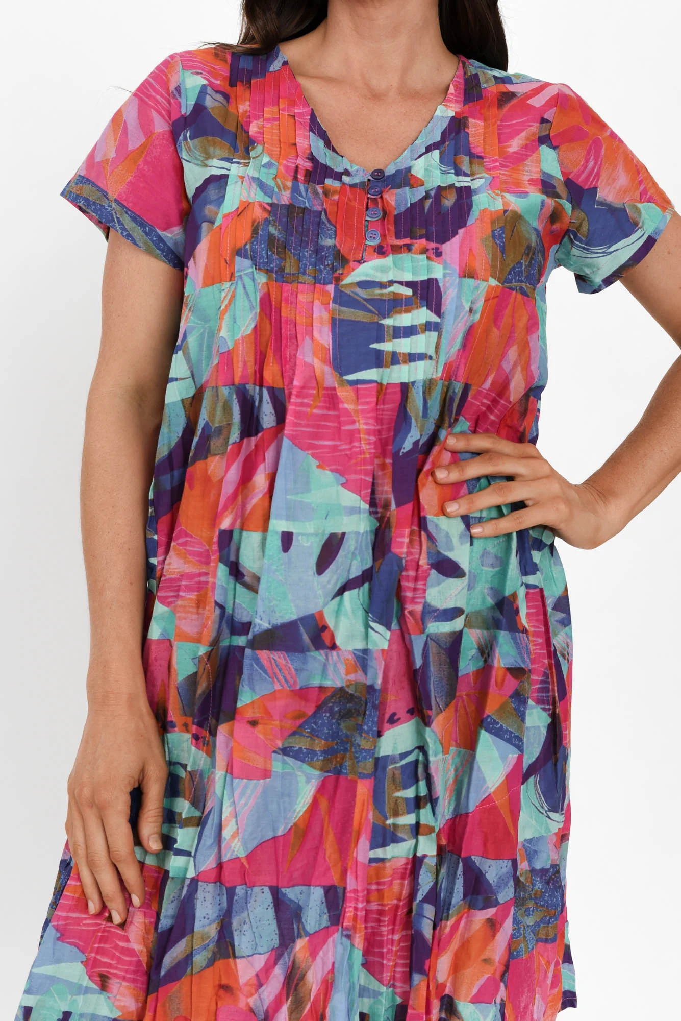 Sabina Fuchsia Geo Crinkle Cotton Dress