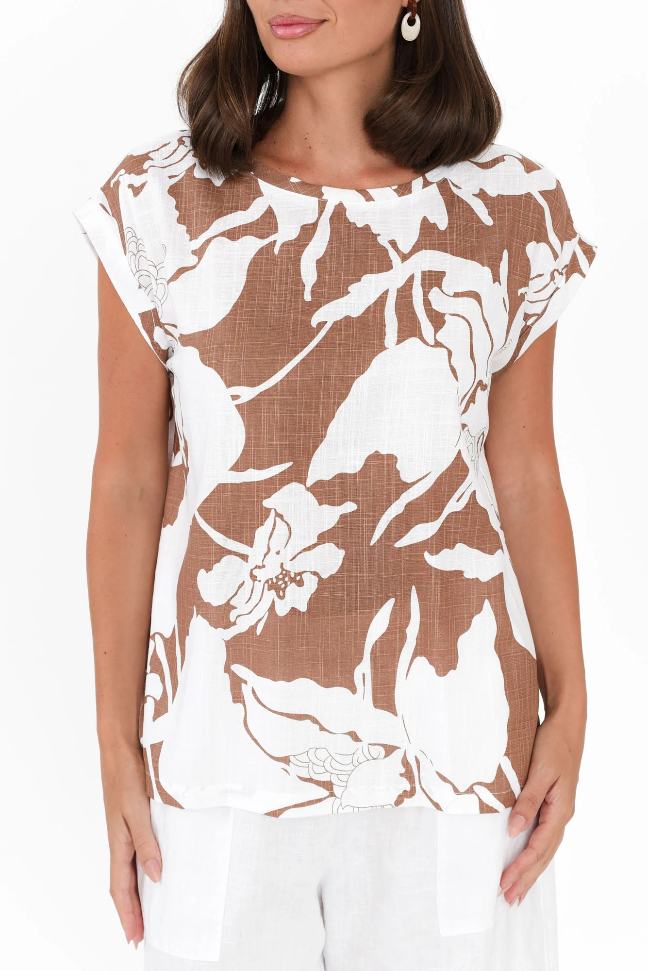 Alta Brown Floral Linen Cotton Top