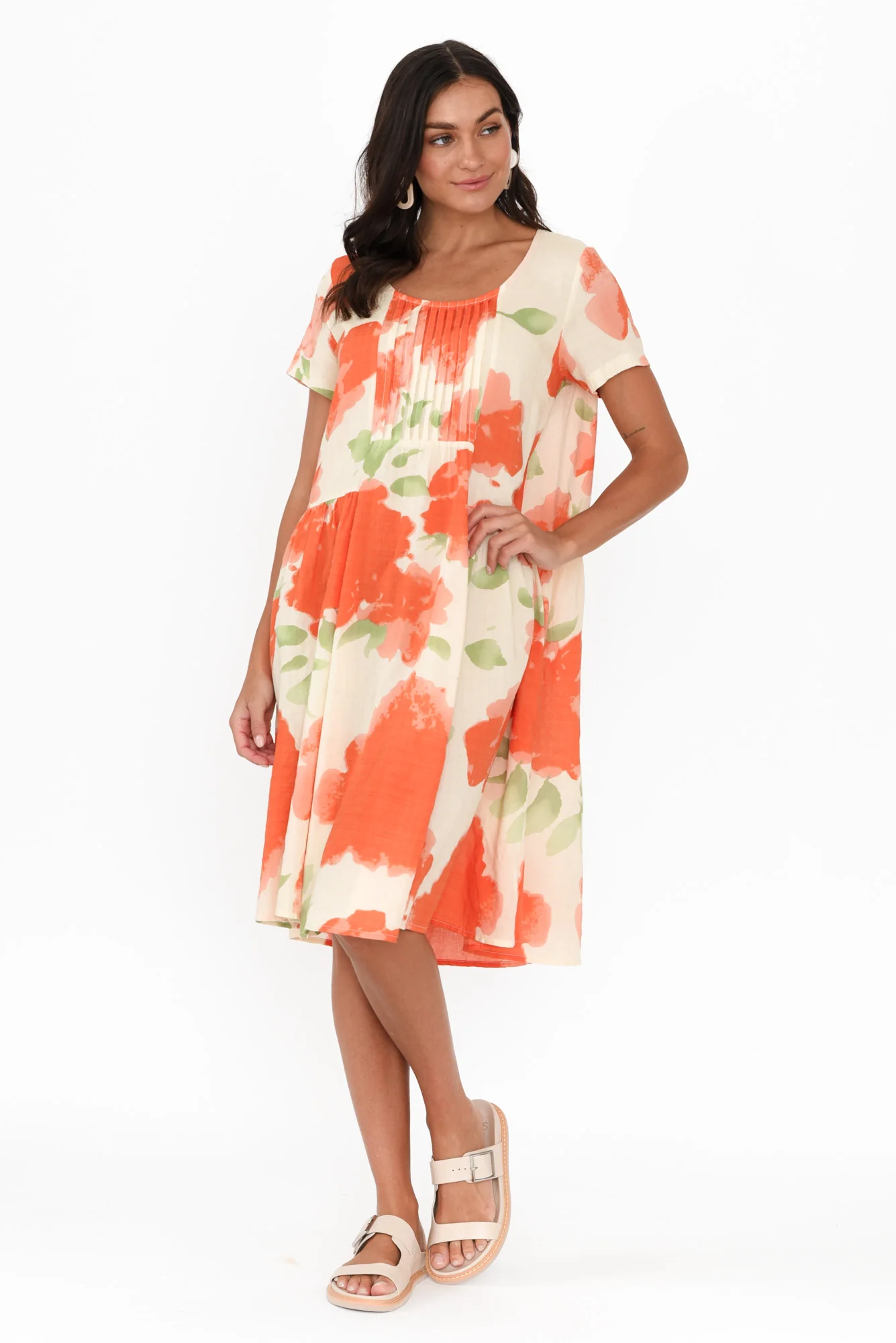 Hanoi Orange Floral Cotton Blend Dress