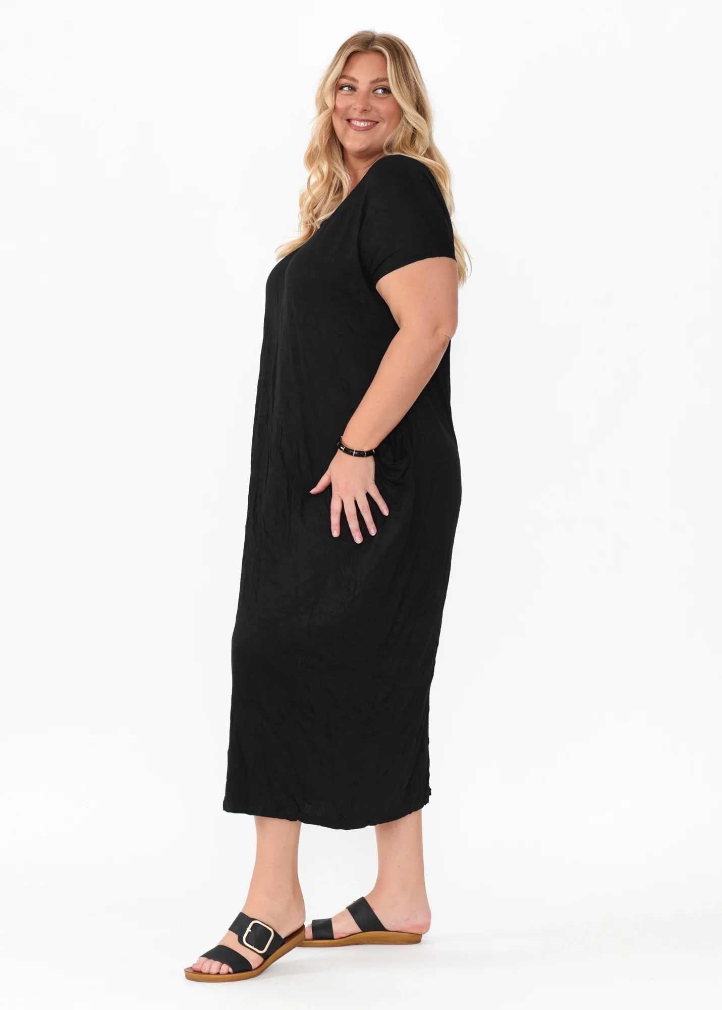 Travel Black Crinkle Cotton Maxi Dress