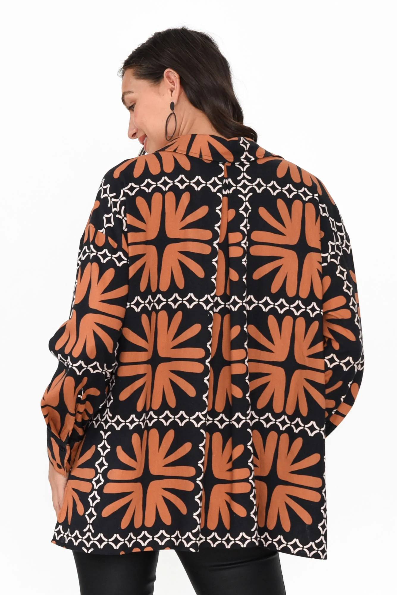 Silia Brown Geo Linen Blend Shirt