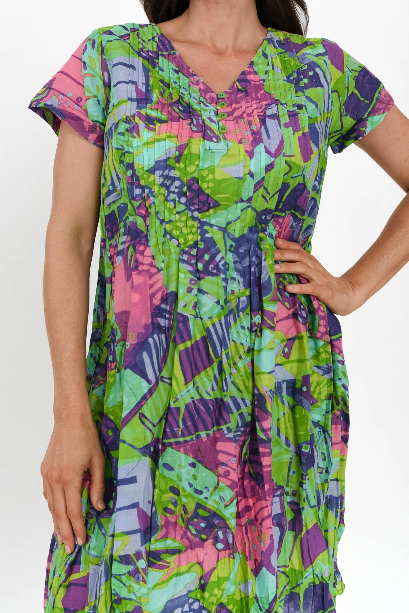 Sabina Turquoise Leaf Crinkle Cotton Dress