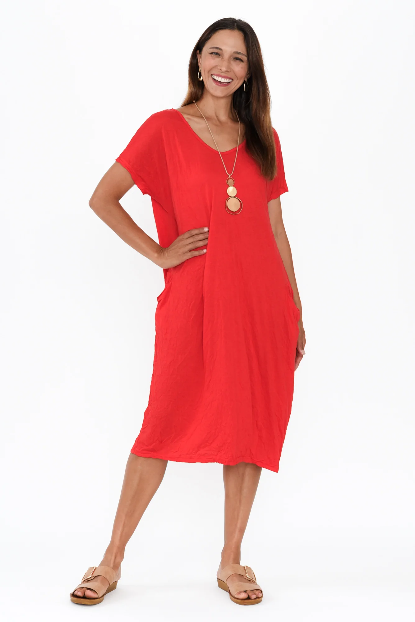 Travel Red Crinkle Cotton Dress