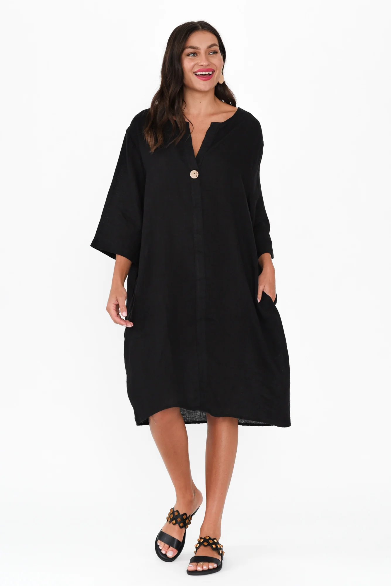 Sian Black Linen V Neck Dress