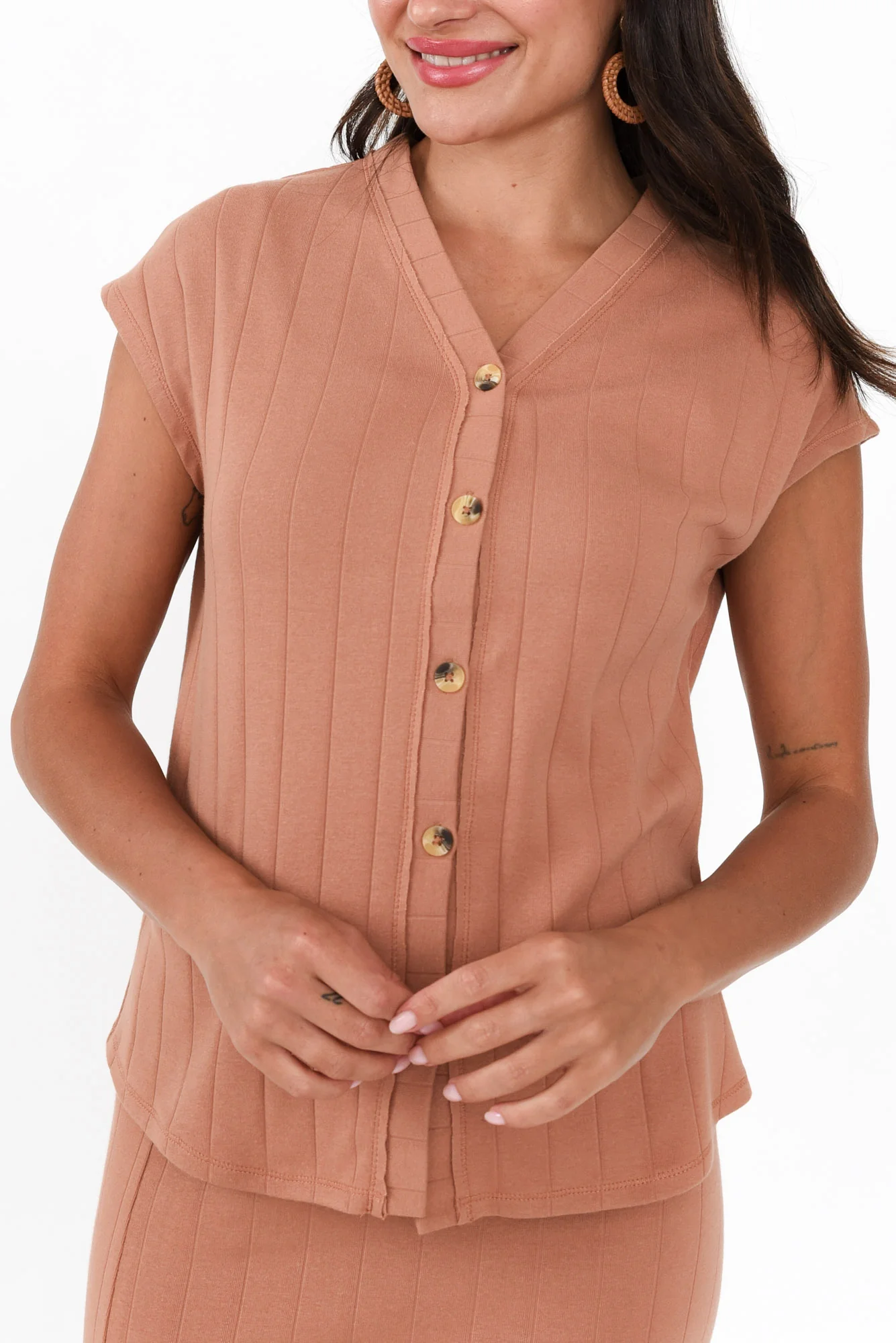Dori Mocha Cotton Blend Ribbed Top