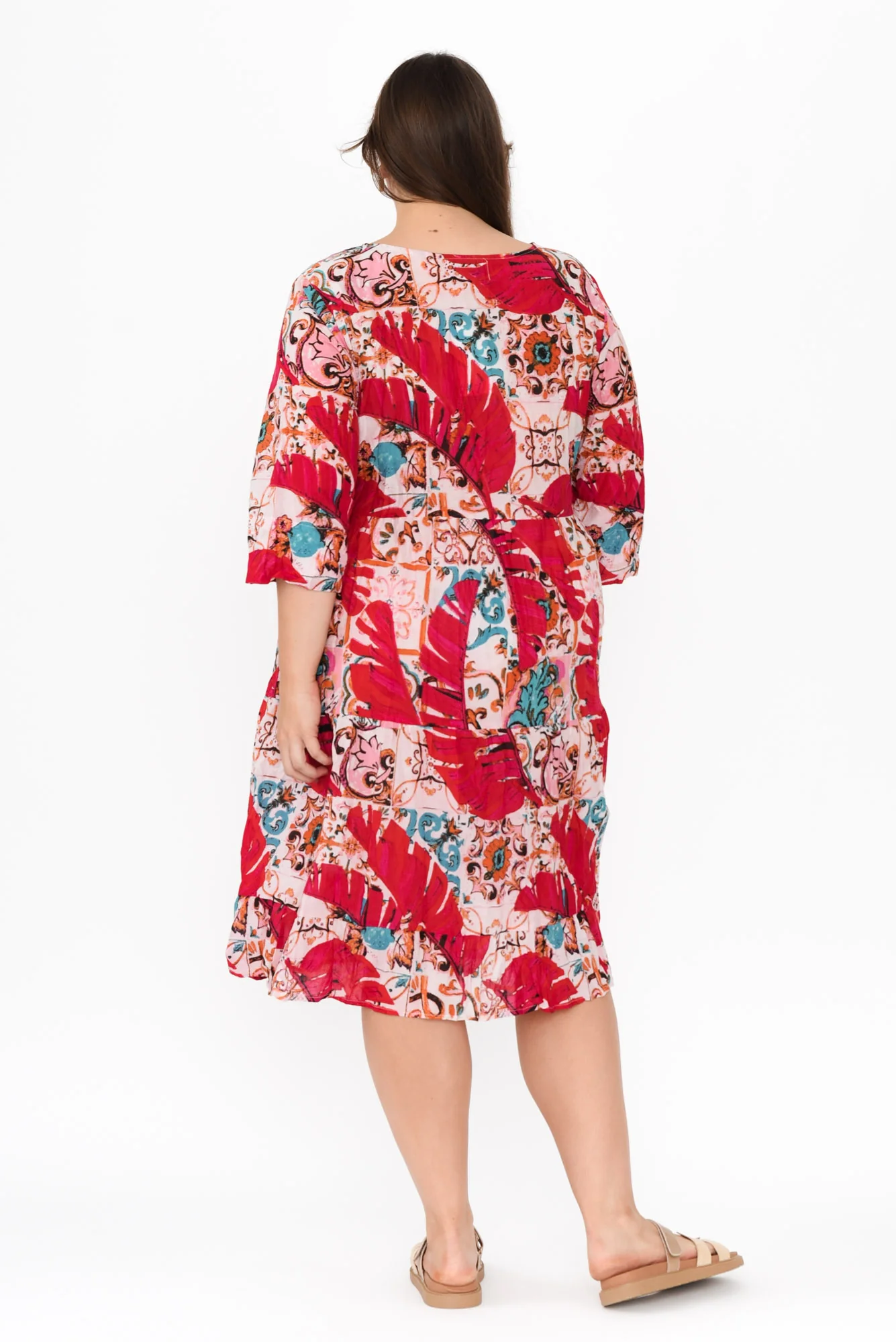 Milana Pink Leaf Crinkle Cotton Dress