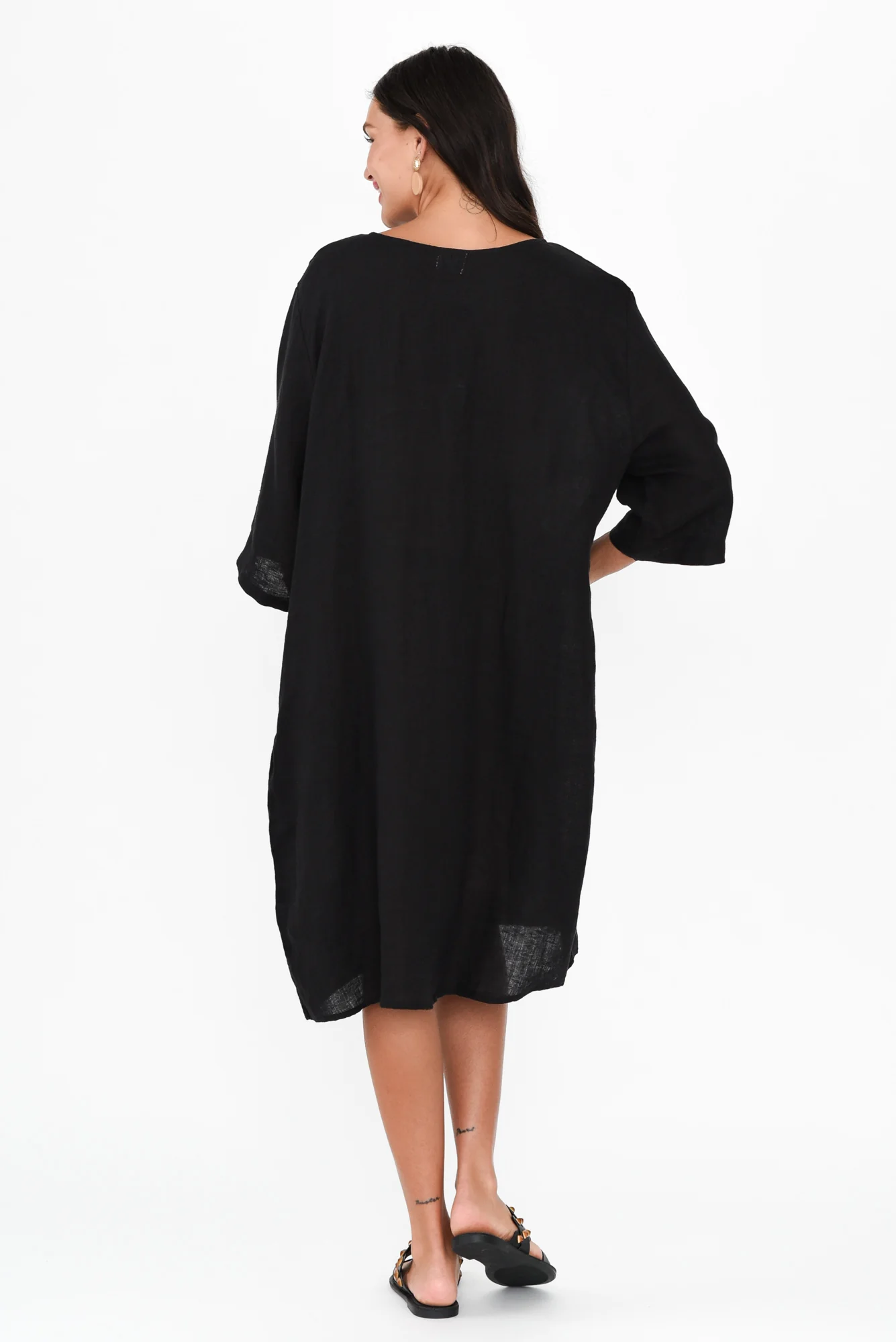 Sian Black Linen V Neck Dress