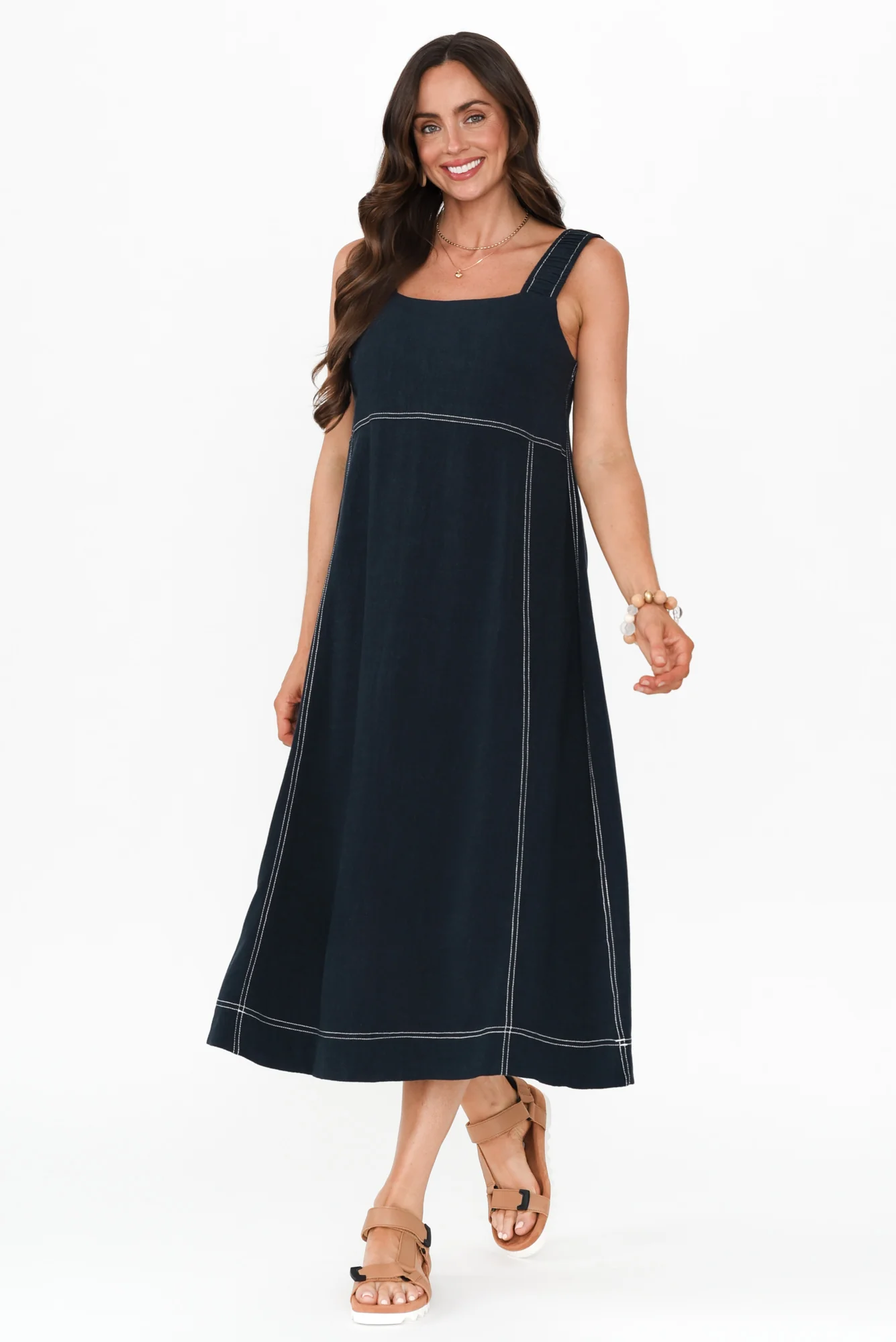 Saylor Navy Contrast Linen Blend Dress