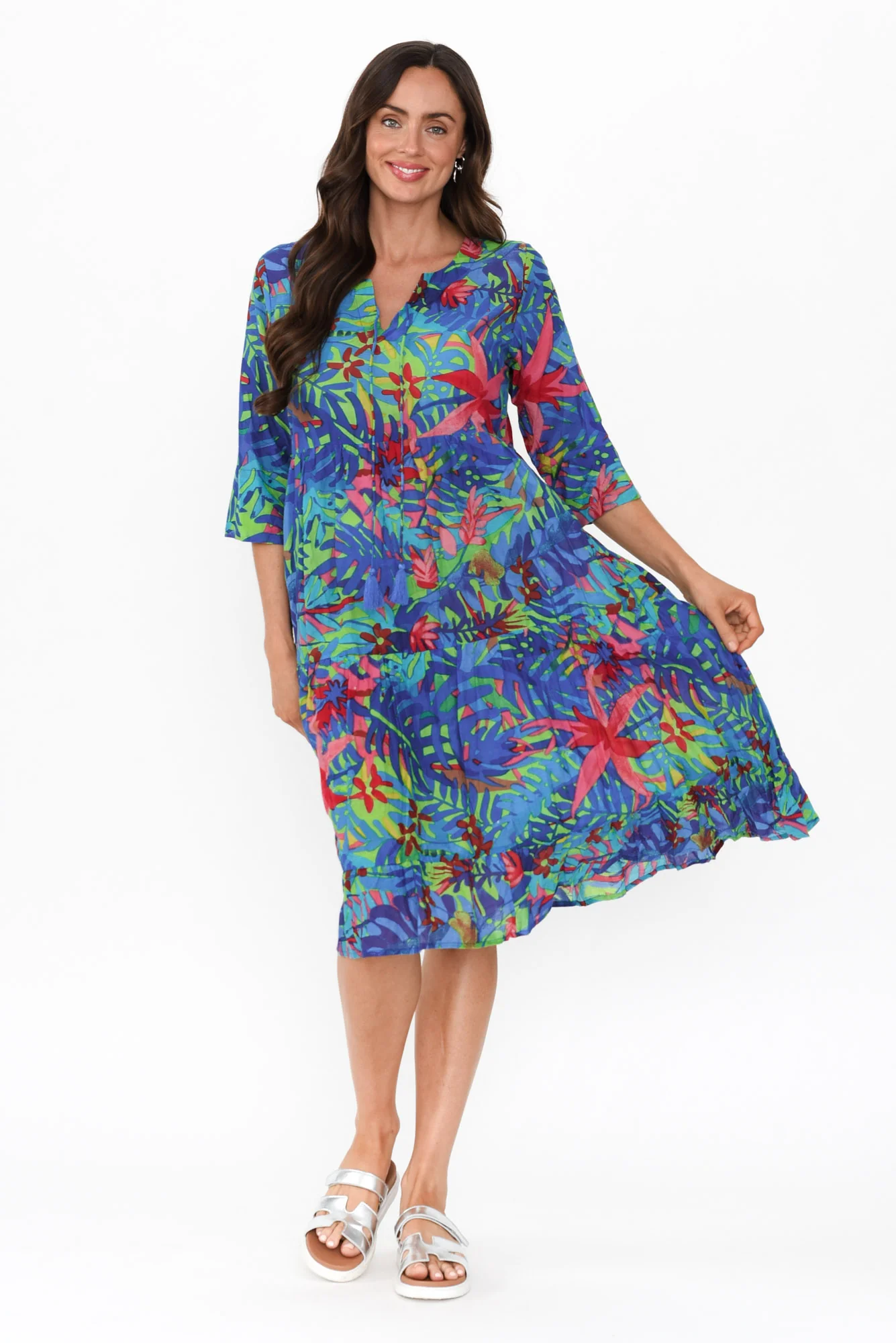 Milana Blue Leaf Crinkle Cotton Dress