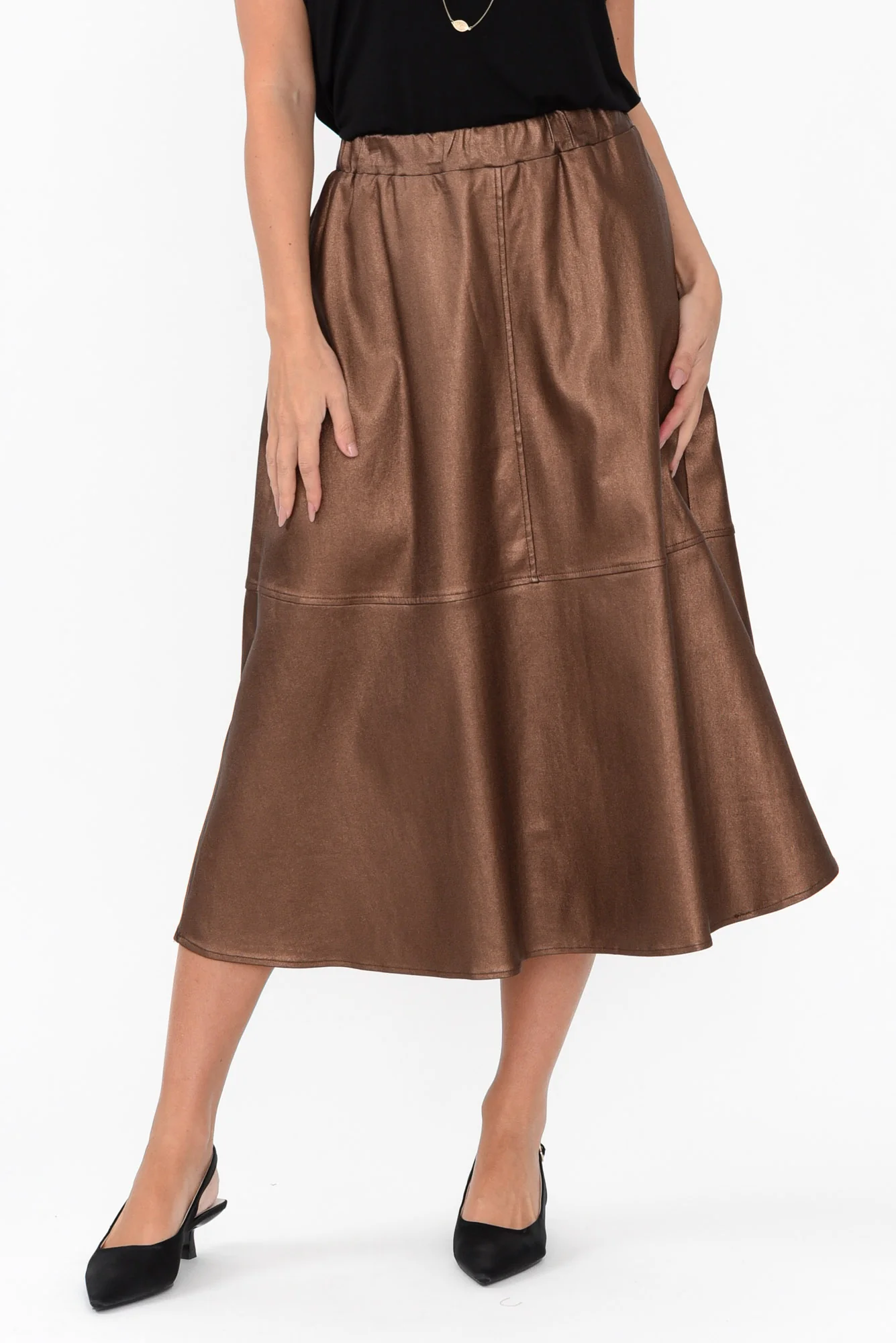 Oriel Bronze Faux Leather Midi Skirt