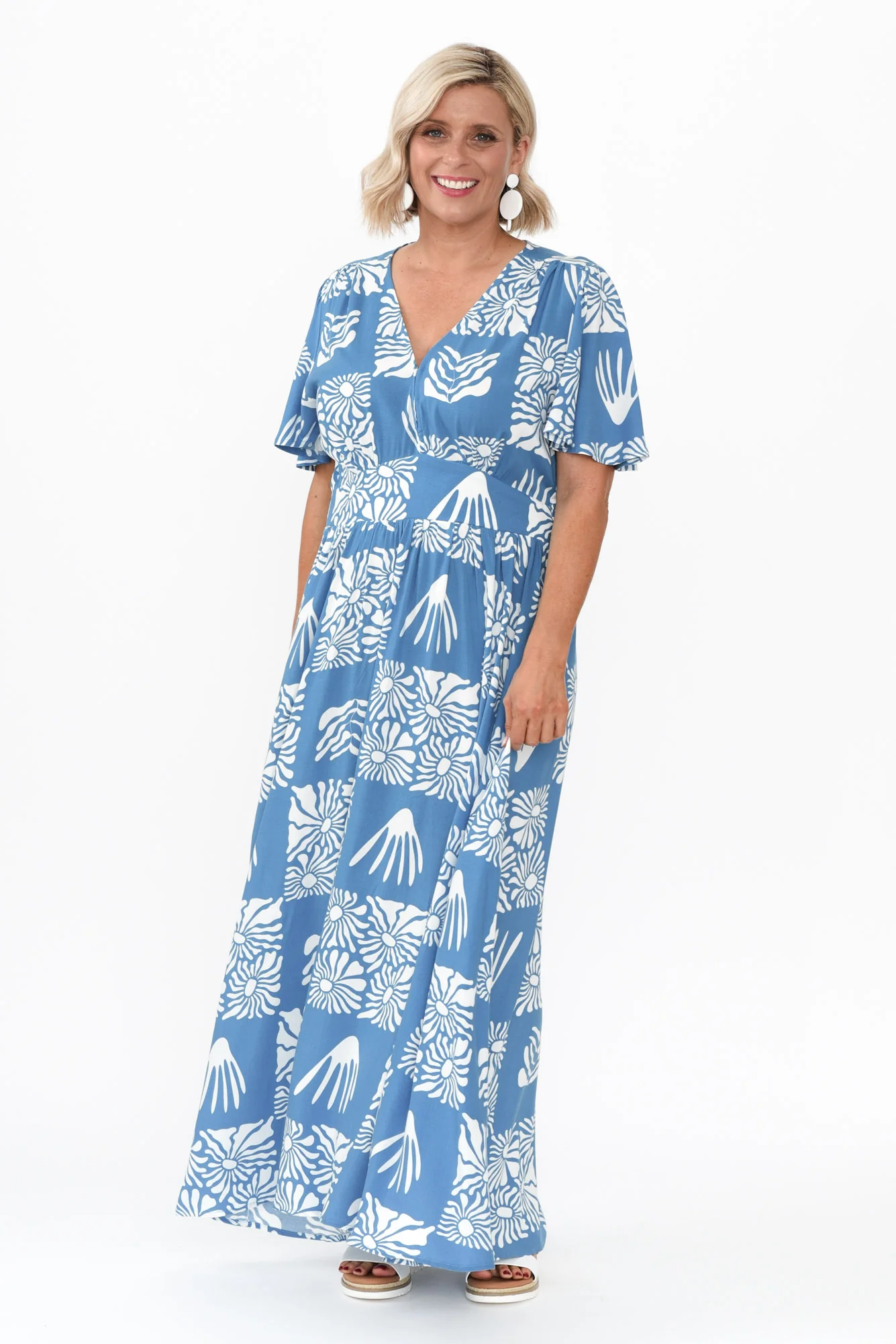 Ora Blue Floral Flutter Sleeve Dress