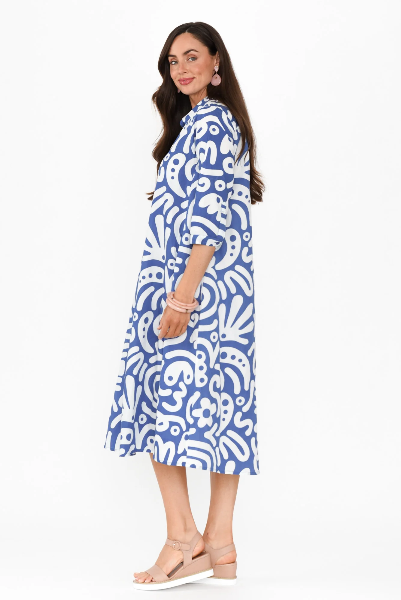 Cyra Blue Geo Cotton Collared Dress