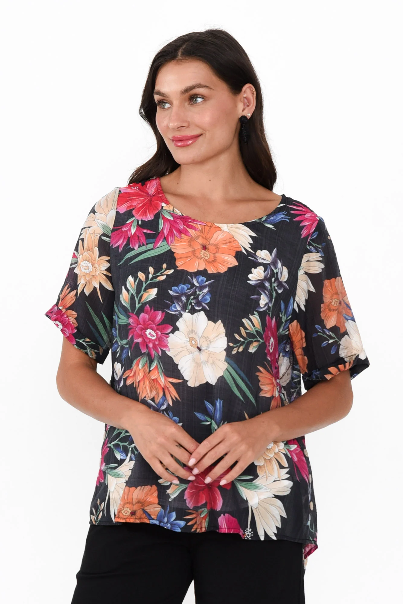 Perry Black Floral Button Top