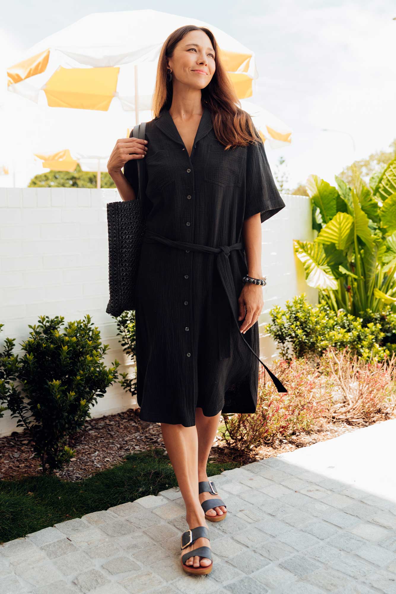 Tahiti Black Cotton Cheesecloth Tie Dress