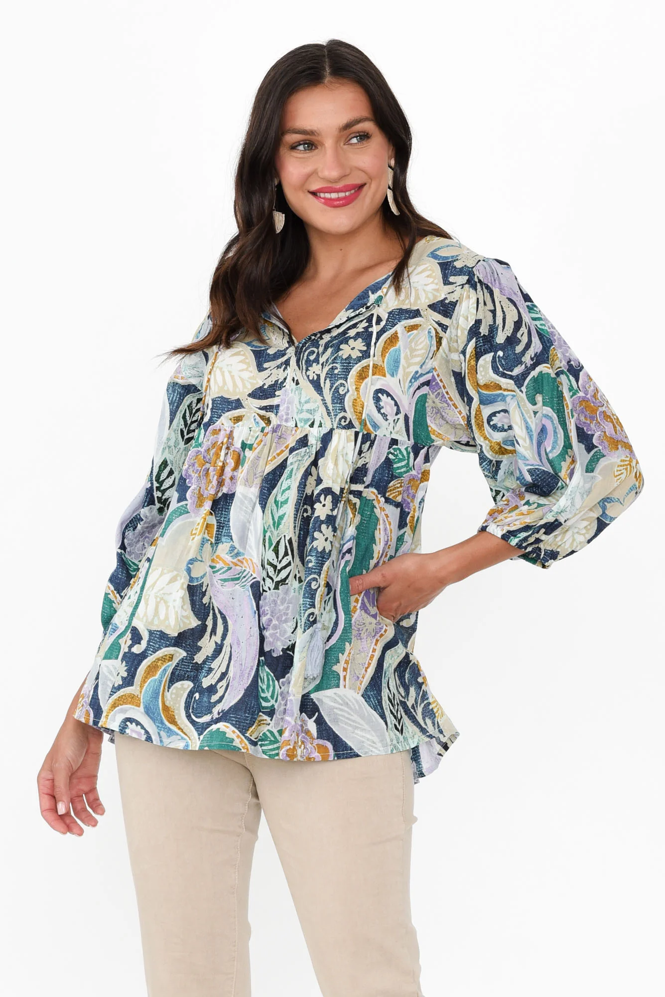 Rosa Blue Paisley Cotton Tie Top