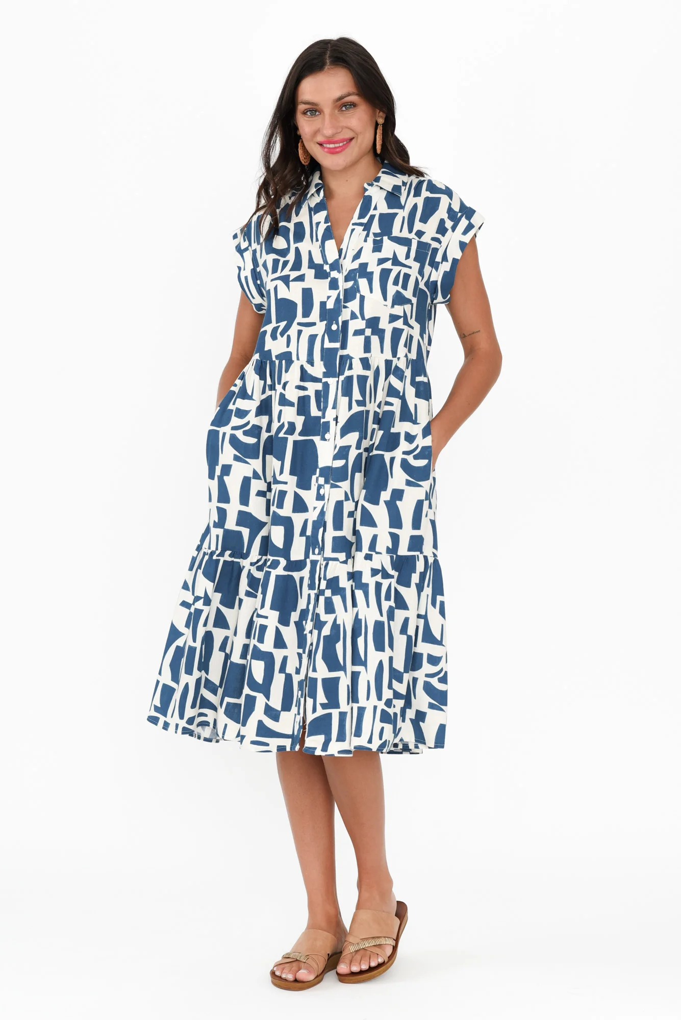 Zurich Blue Geo Collared Tier Dress
