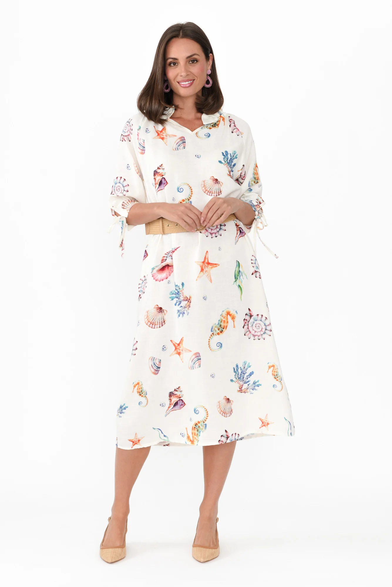 Mariel White Seashell Linen Blend Dress