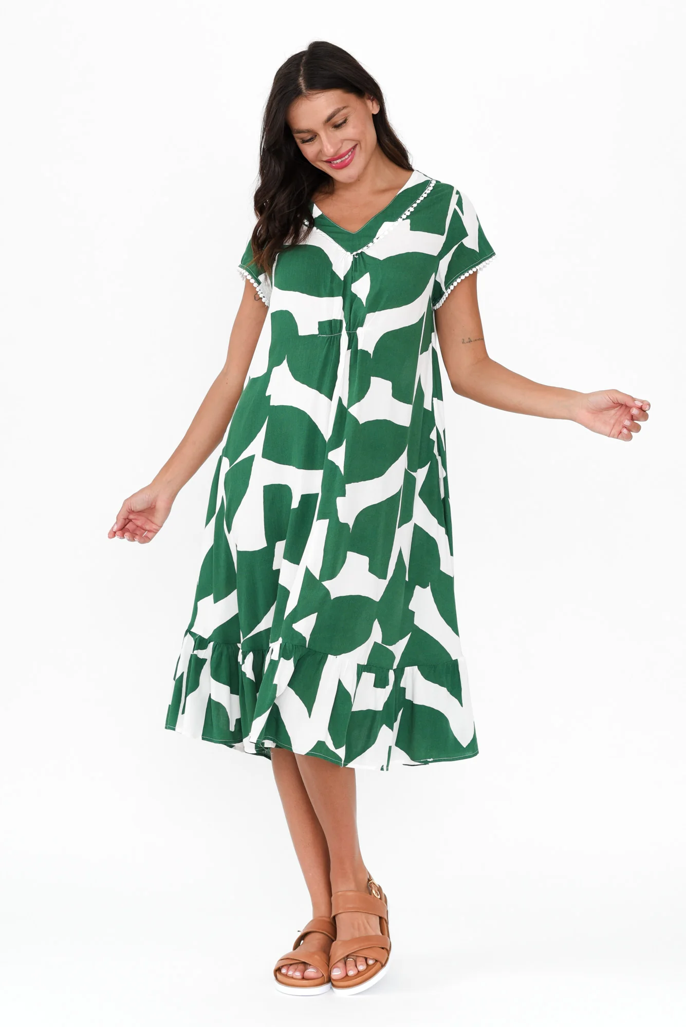 Karlie Green Abstract V Neck Dress