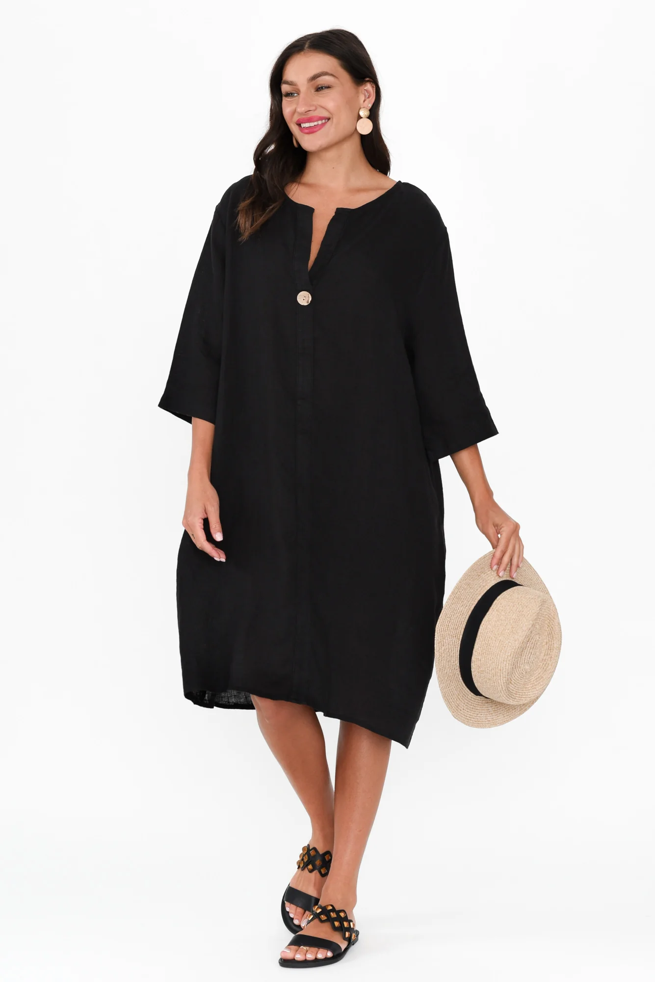 Sian Black Linen V Neck Dress