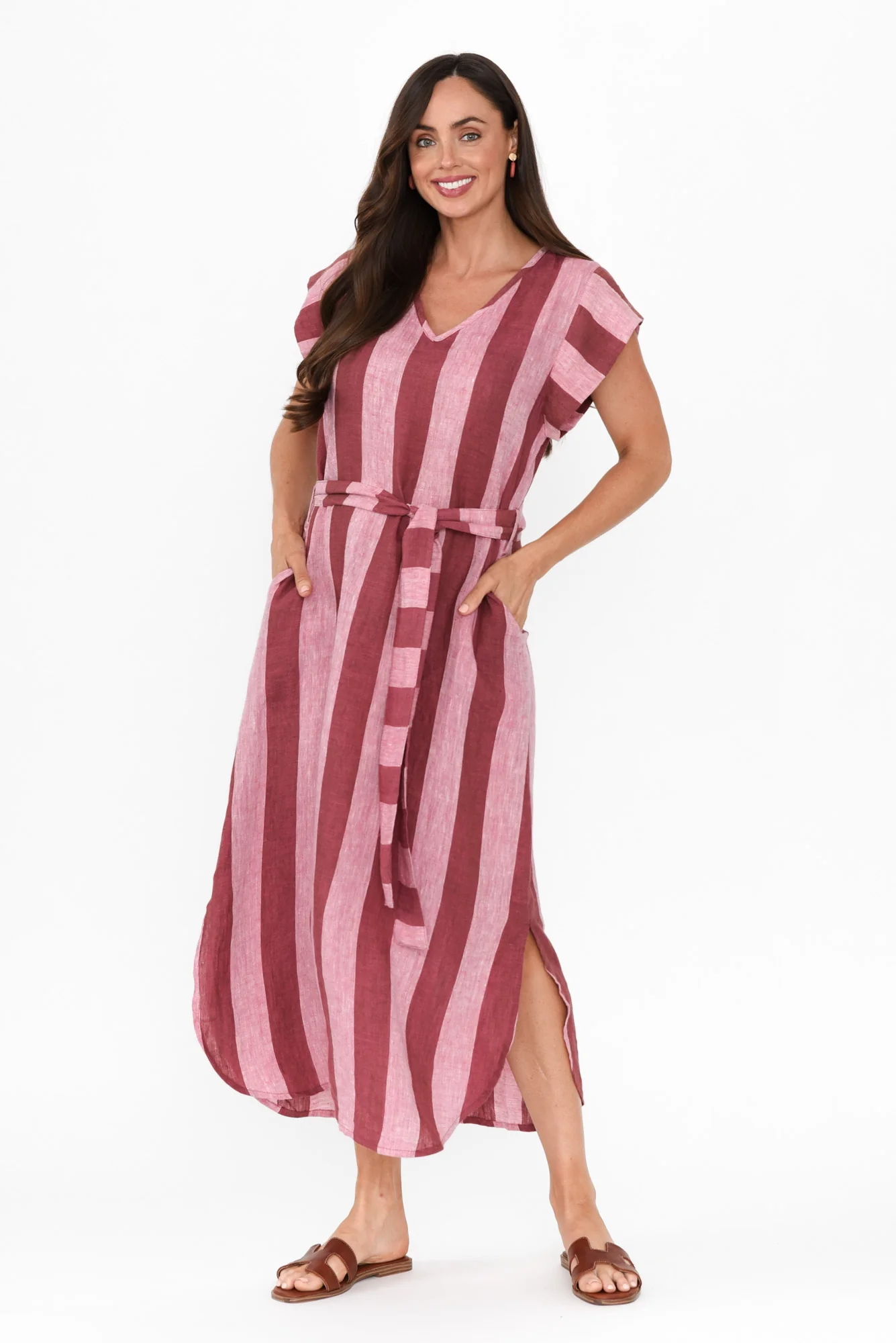 Sebou Burgundy Stripe Linen Tie Dress