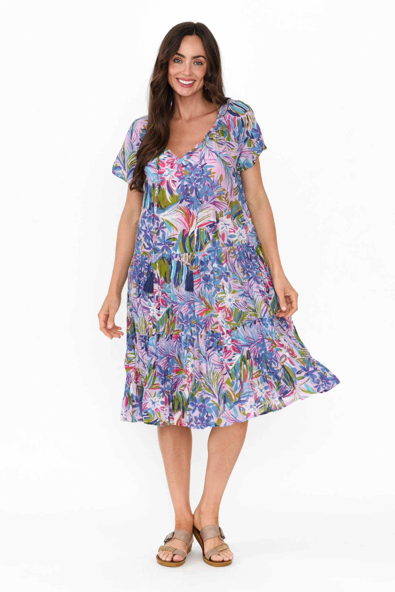 Bessie Purple Floral Cotton Tier Dress