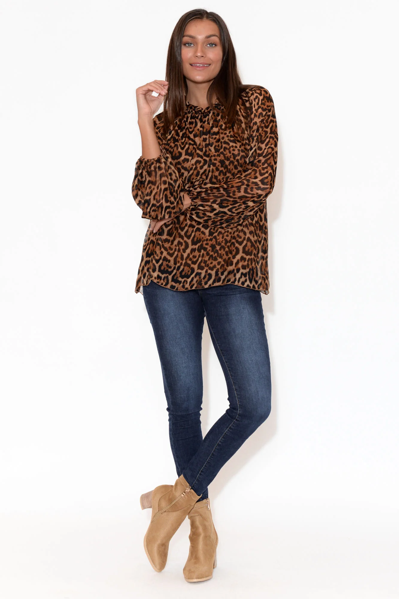 Riley Leopard Silk Ruffle Top