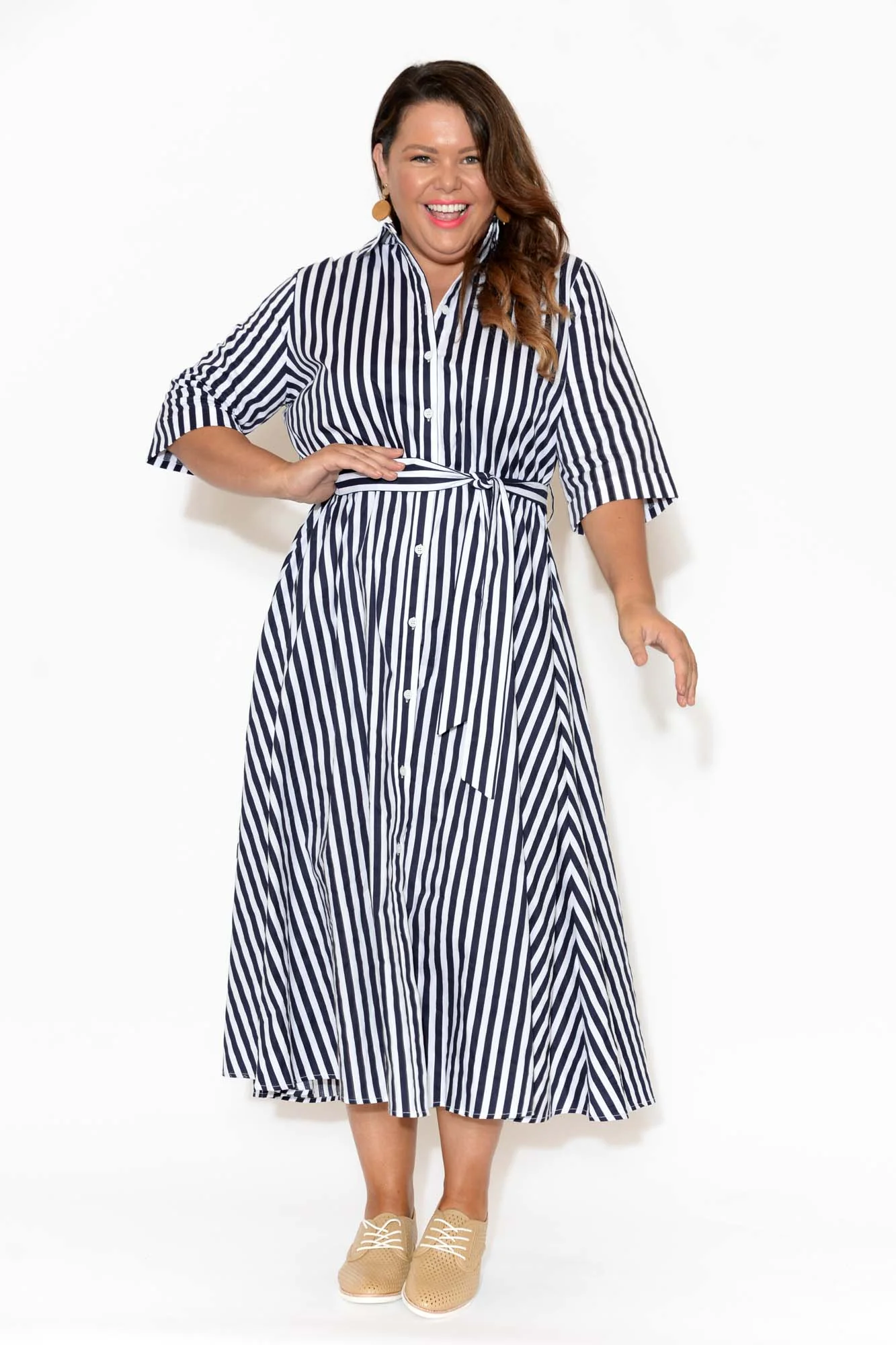 Grace Navy Stripe Cotton Poplin Dress