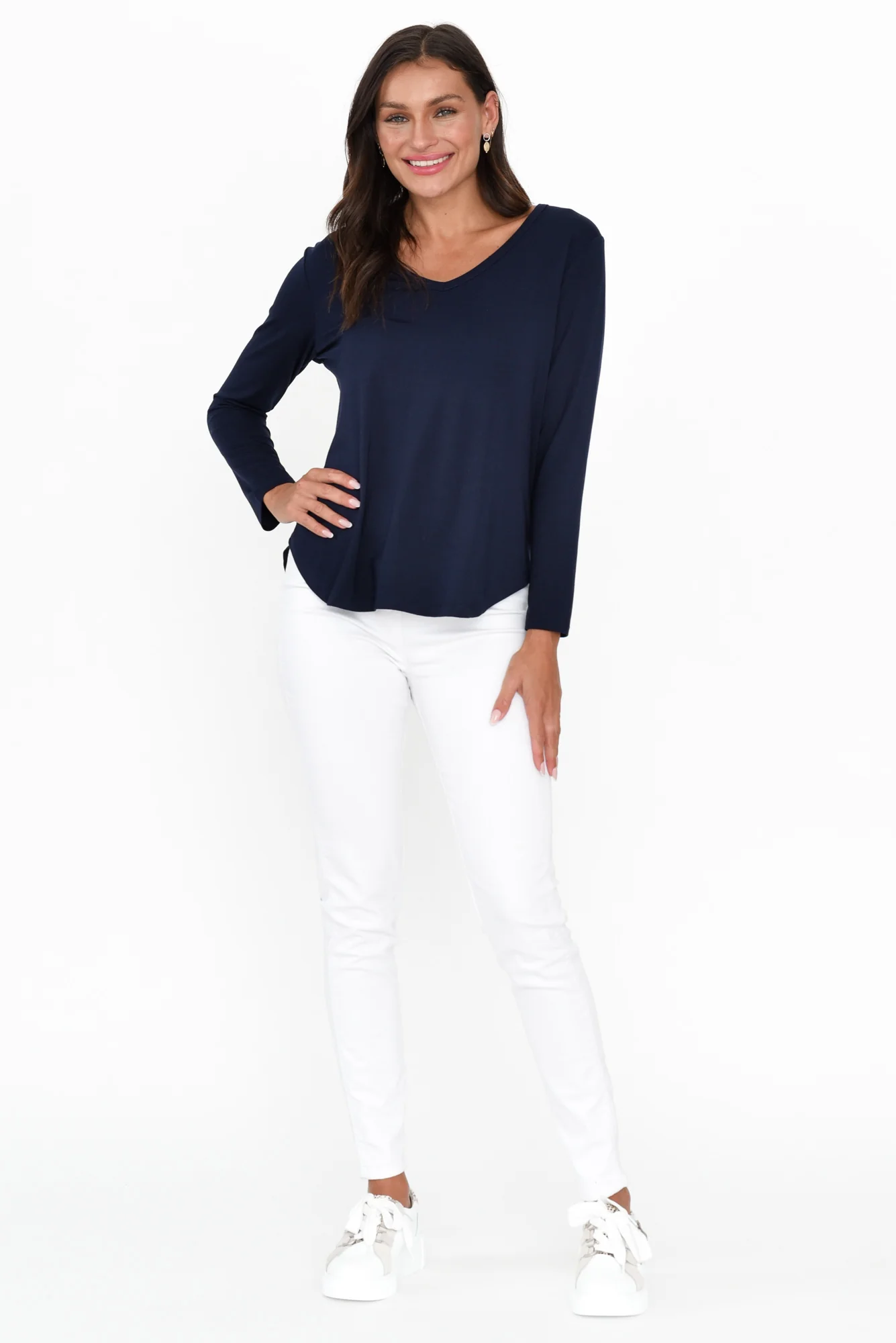 Sia Navy Bamboo V Neck Top