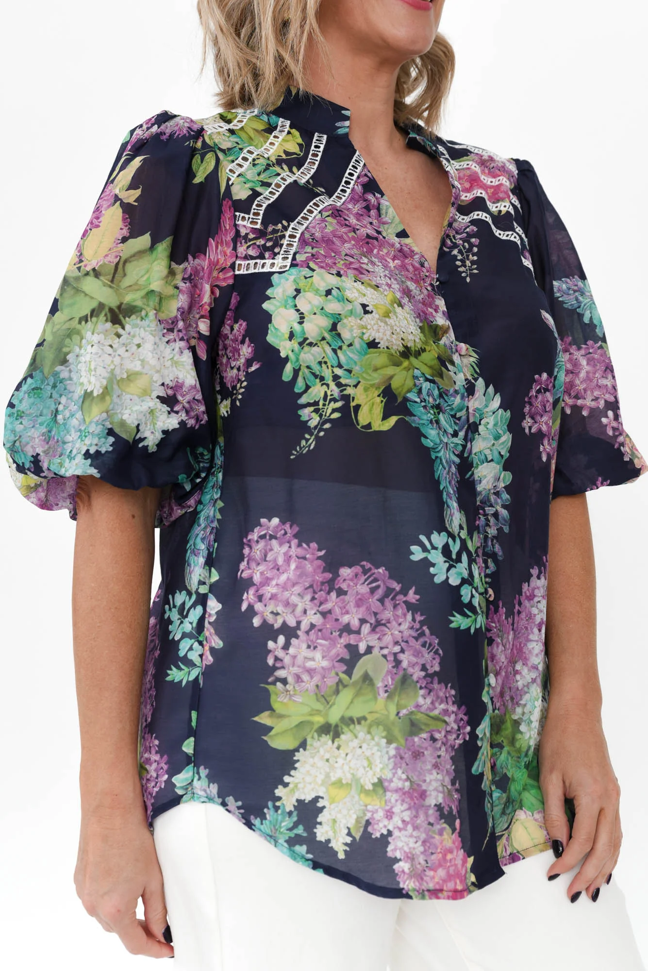 Bahia Navy Wisteria Cotton Silk Top