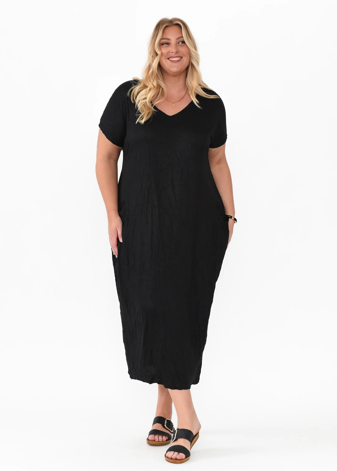 Travel Black Crinkle Cotton Maxi Dress