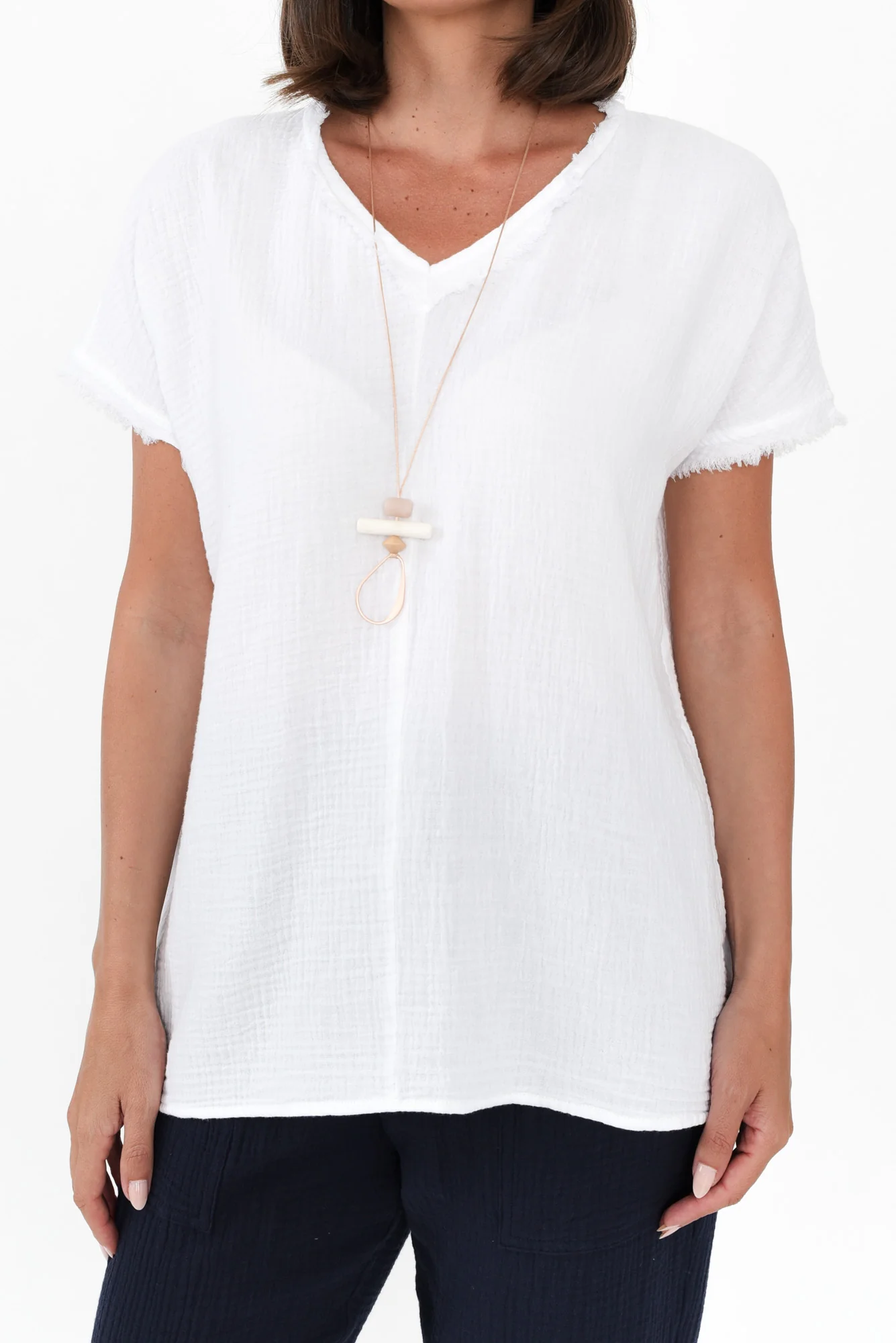 Haltia White Cotton Cheesecloth V Neck Top