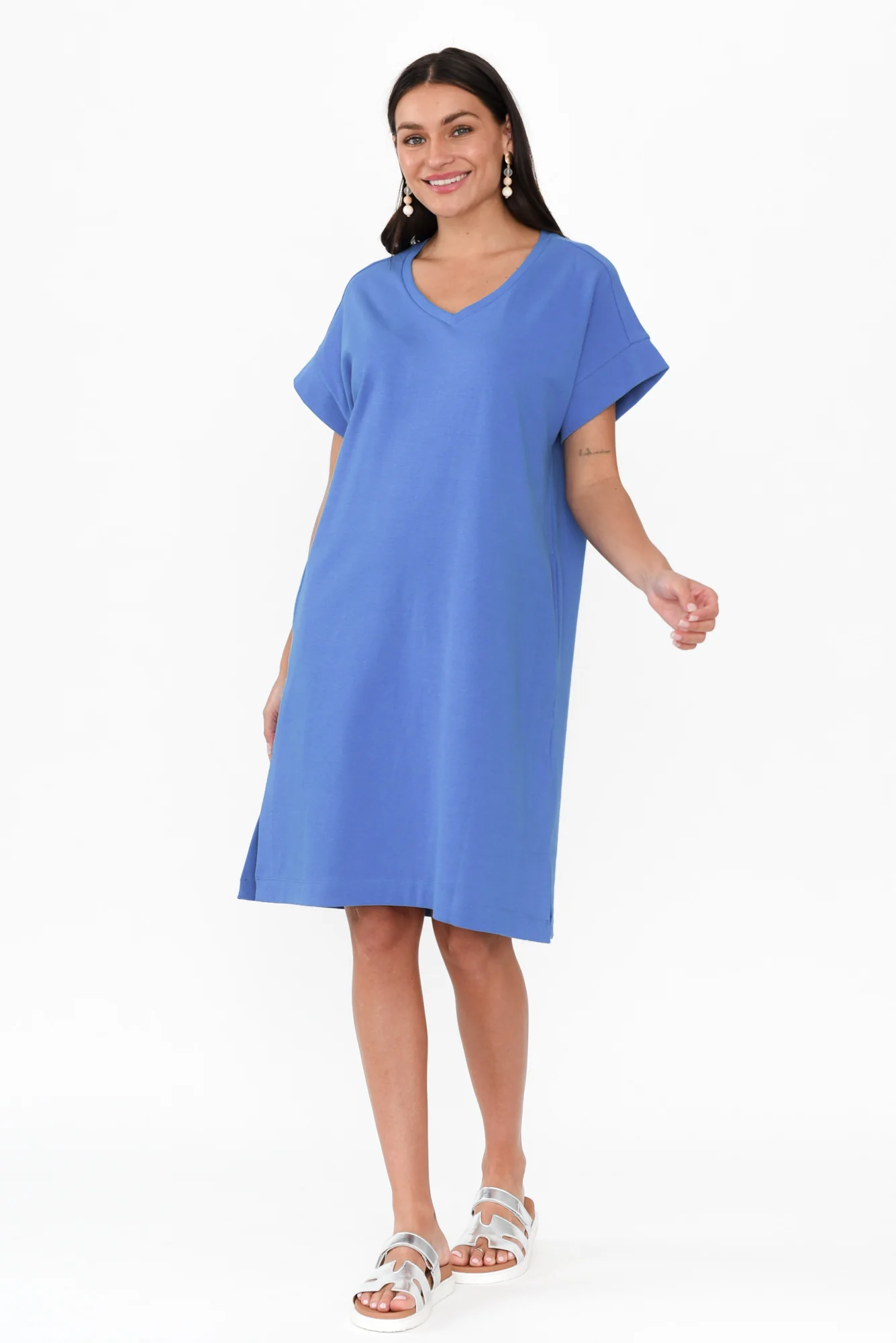 Elise Blue V Neck T-Shirt Dress