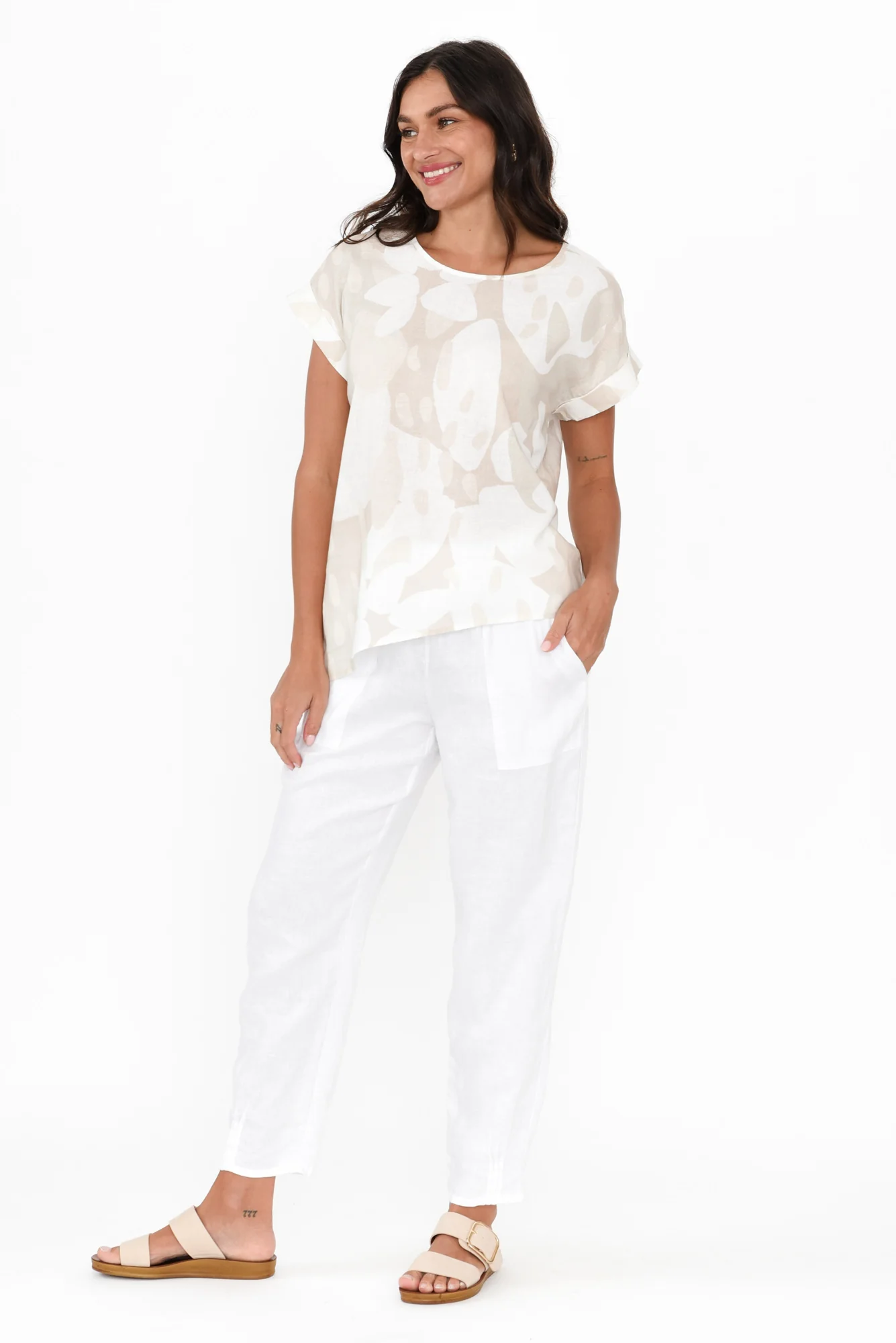 Keyla Beige Abstract Linen Cotton Top