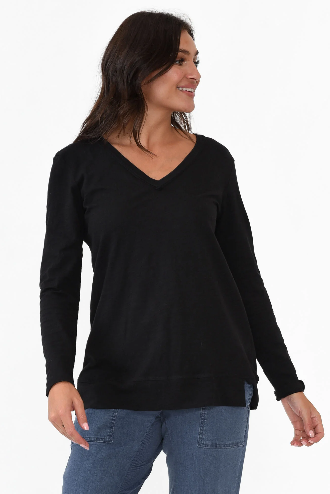 Leah Black Cotton Long Sleeve Tee