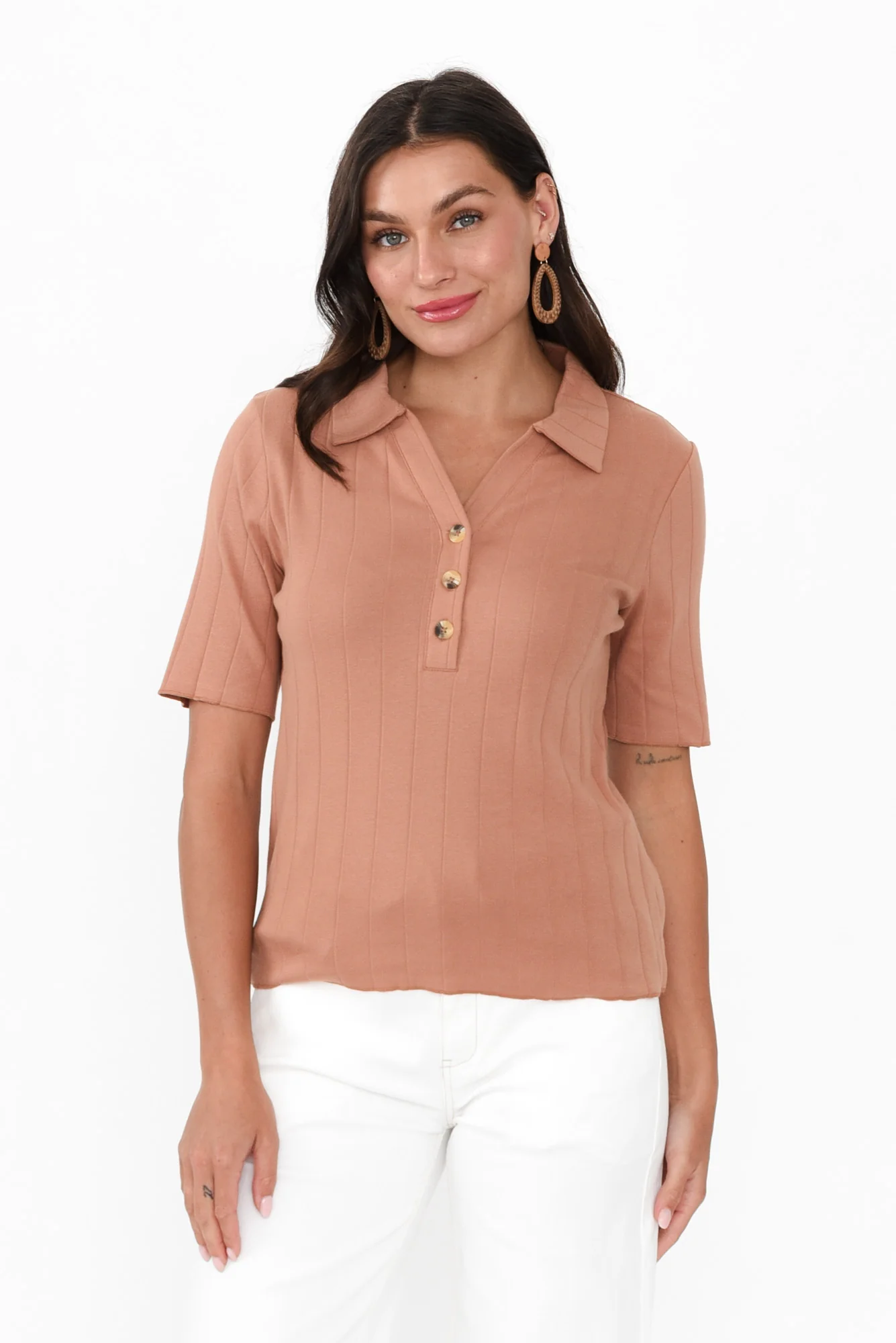 Novi Mocha Cotton Blend Ribbed Top