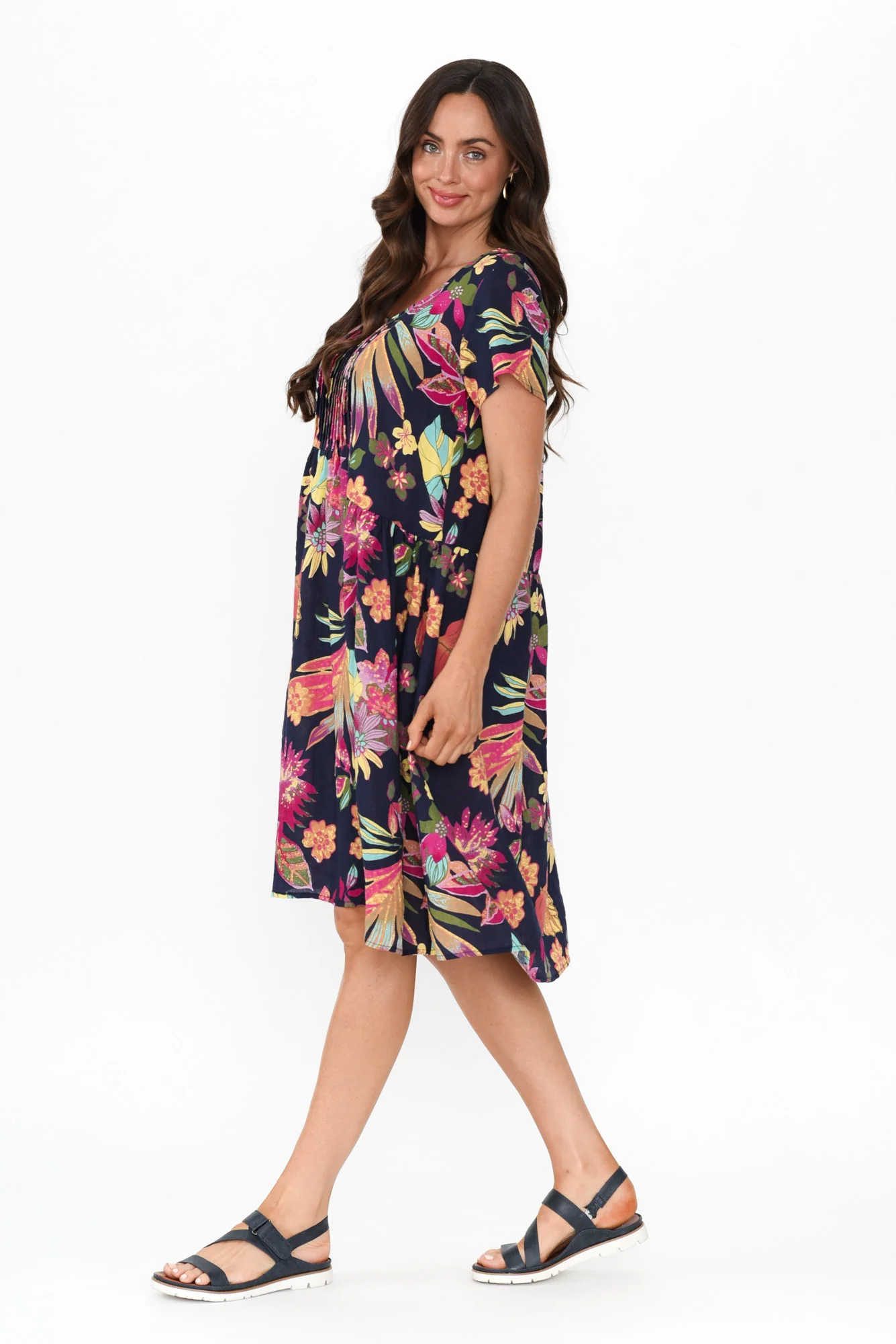 Hanoi Navy Bloom Cotton Blend Dress