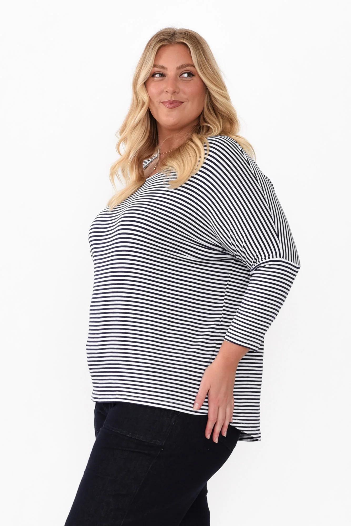 Navy and White Stripe Milan 3/4 Sleeve Top