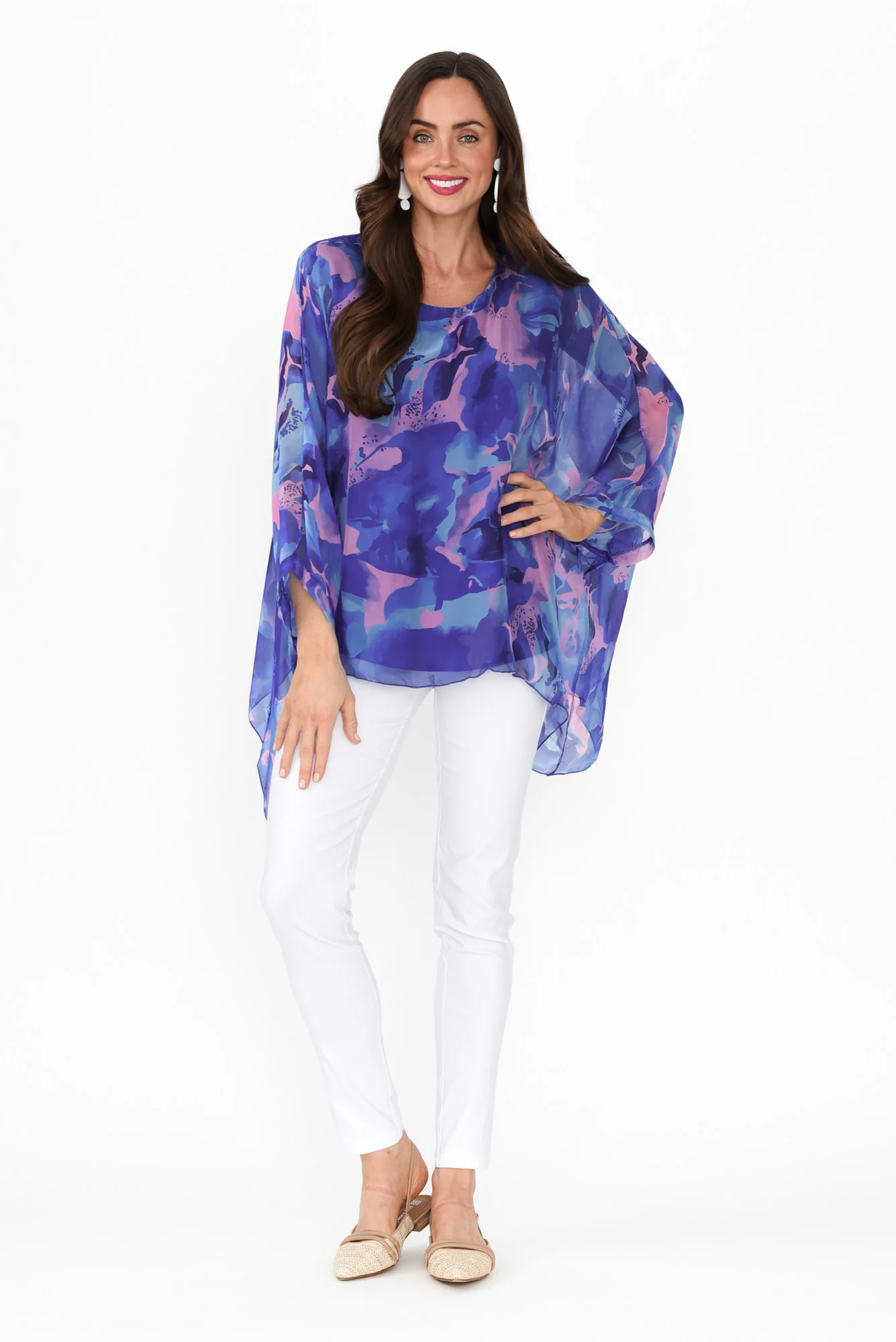 Trevino Blue Abstract Silk Overlay Top