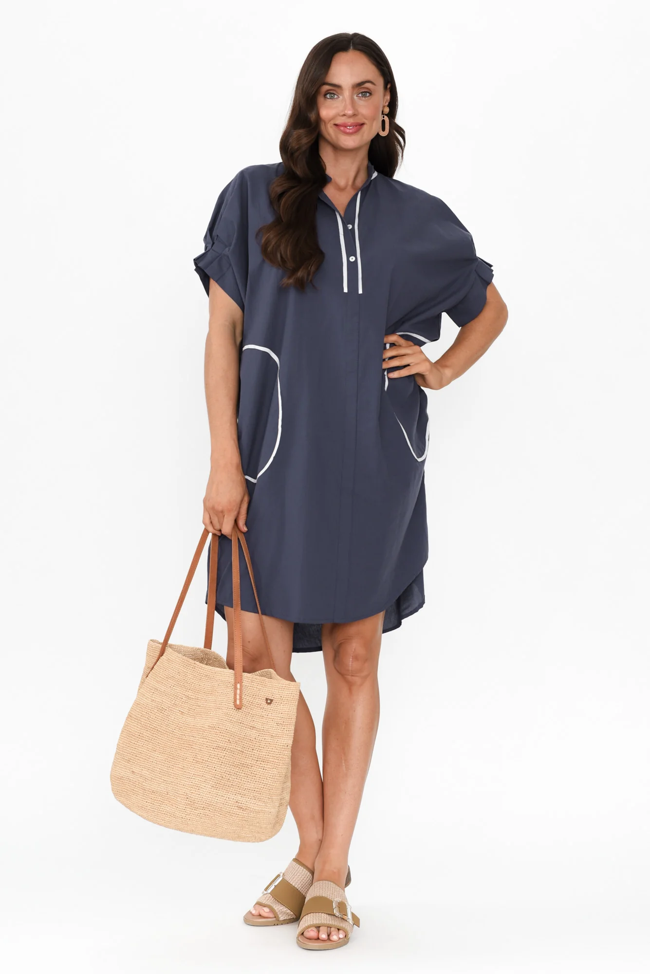 Ellen Navy Contrast Cotton Poplin Dress