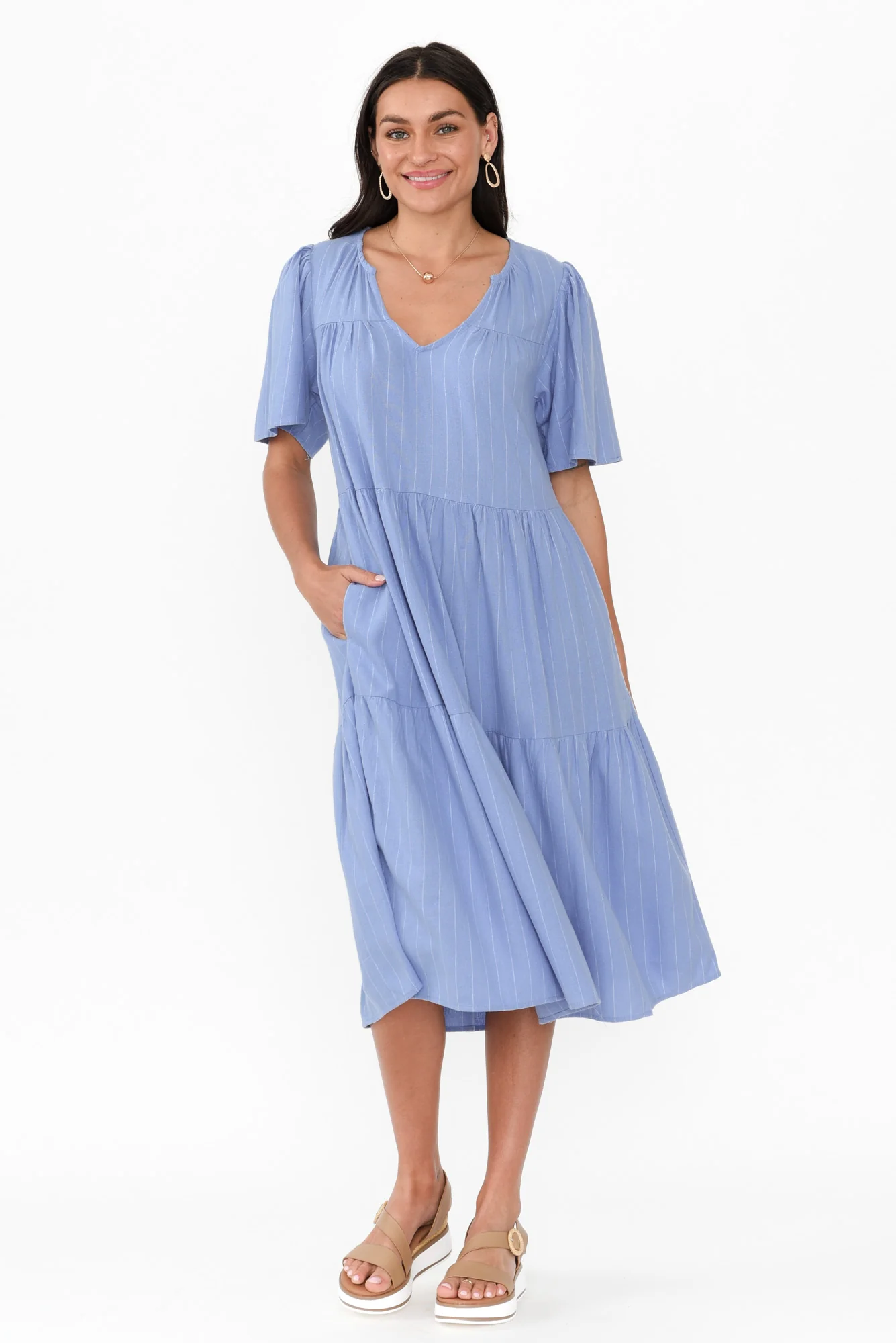 Regina Blue Linen Blend Tier Dress