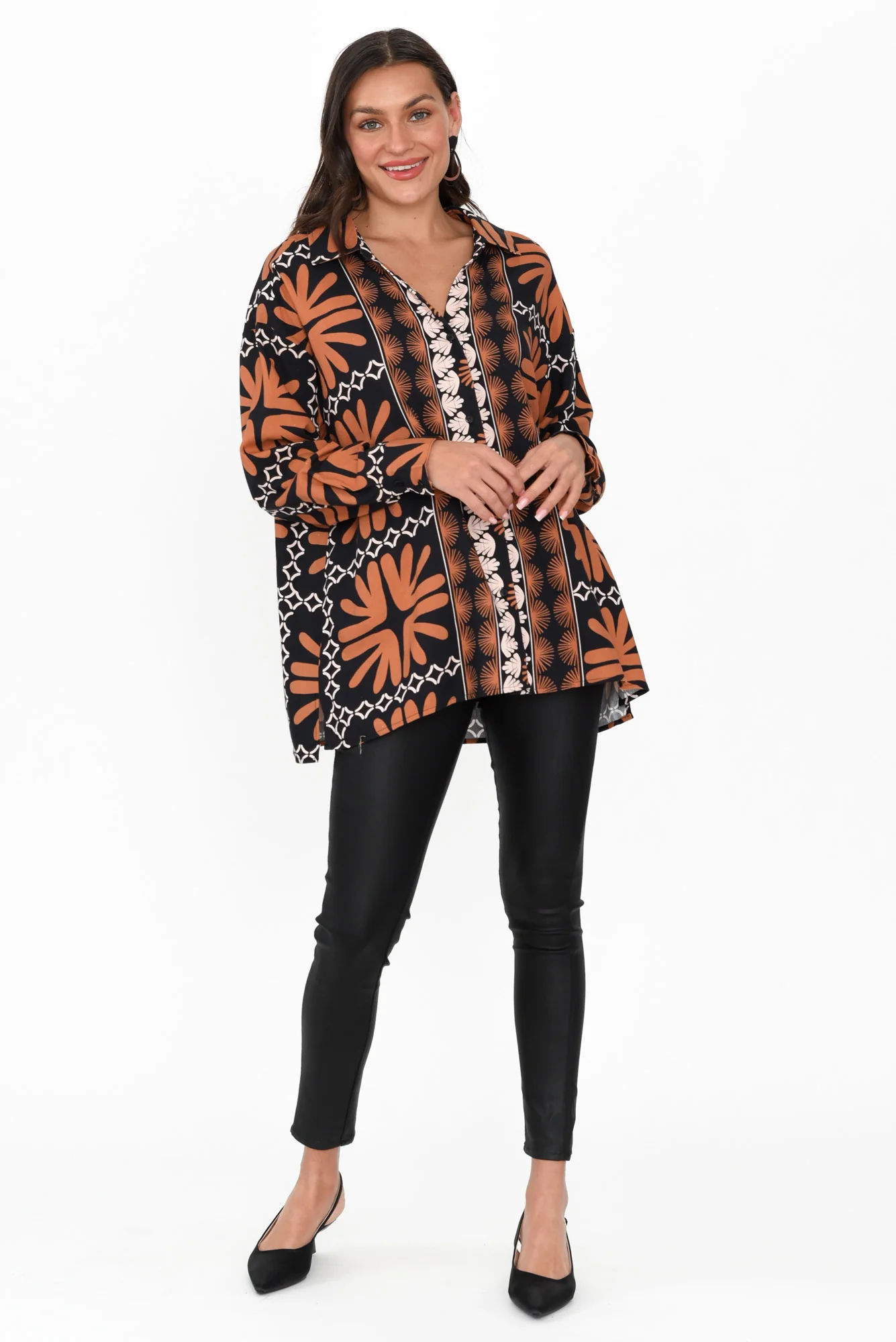 Silia Brown Geo Linen Blend Shirt