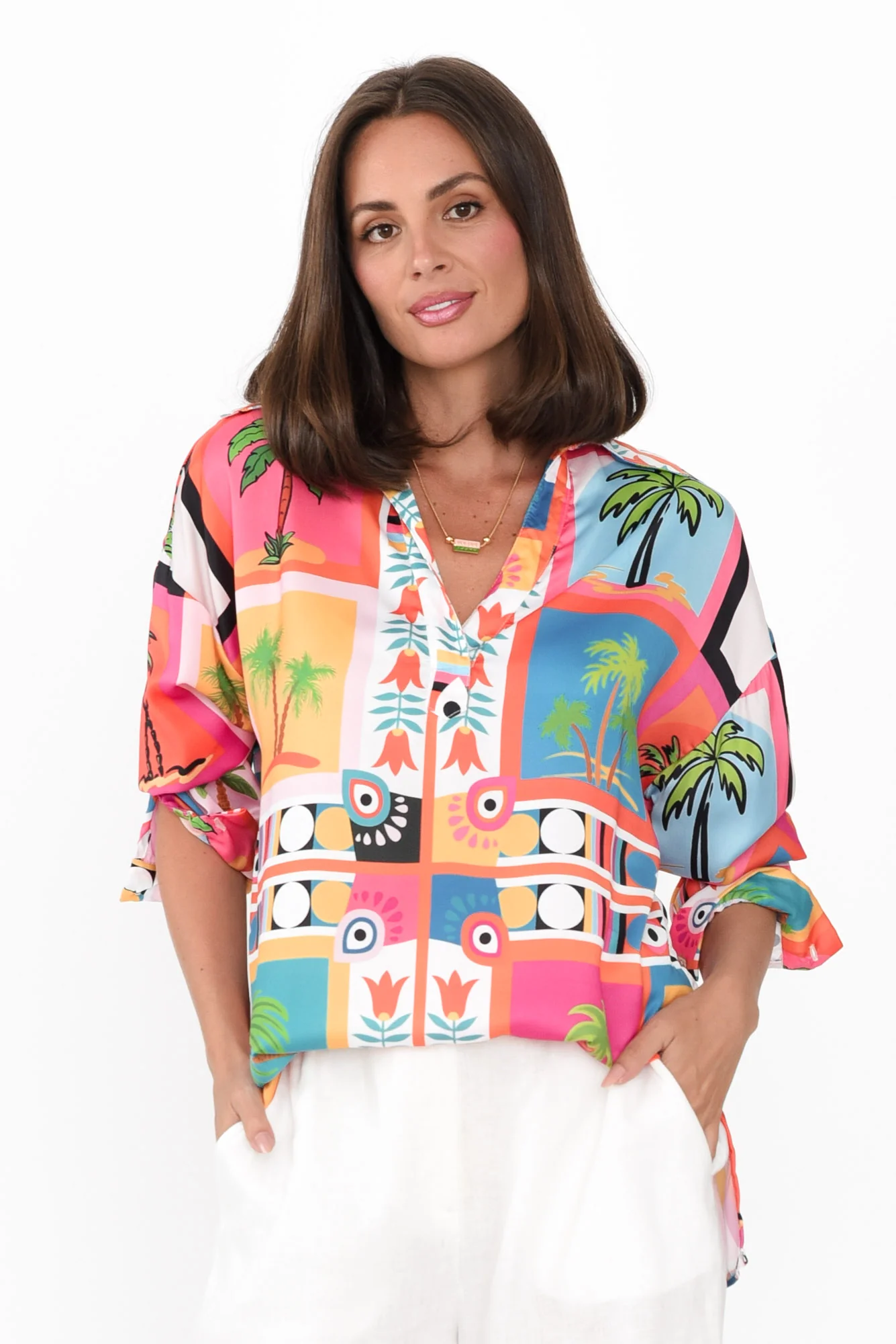 Suzy Pink Tropical V Neck Shirt