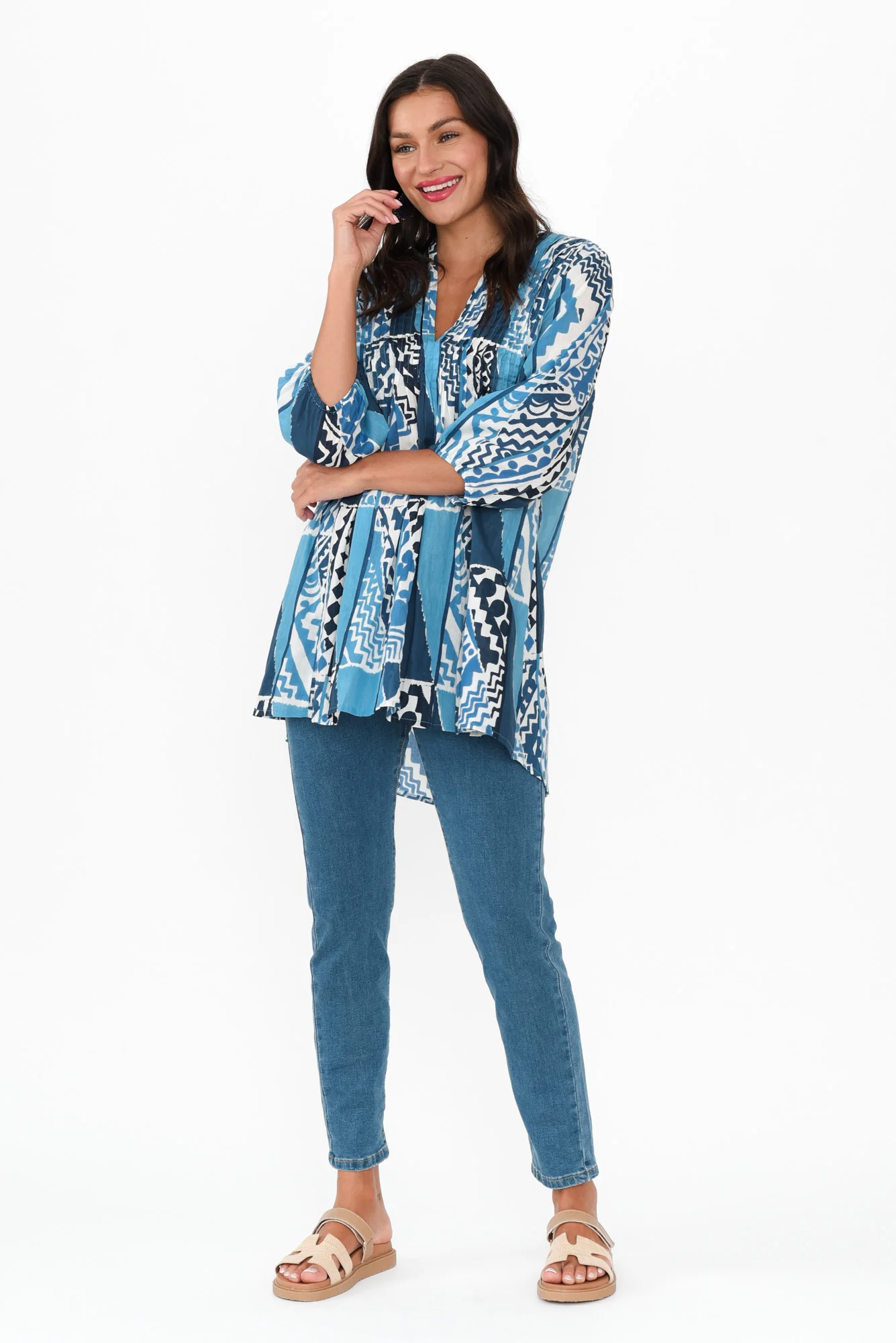 Alexa Blue Motif Cotton V Neck Top